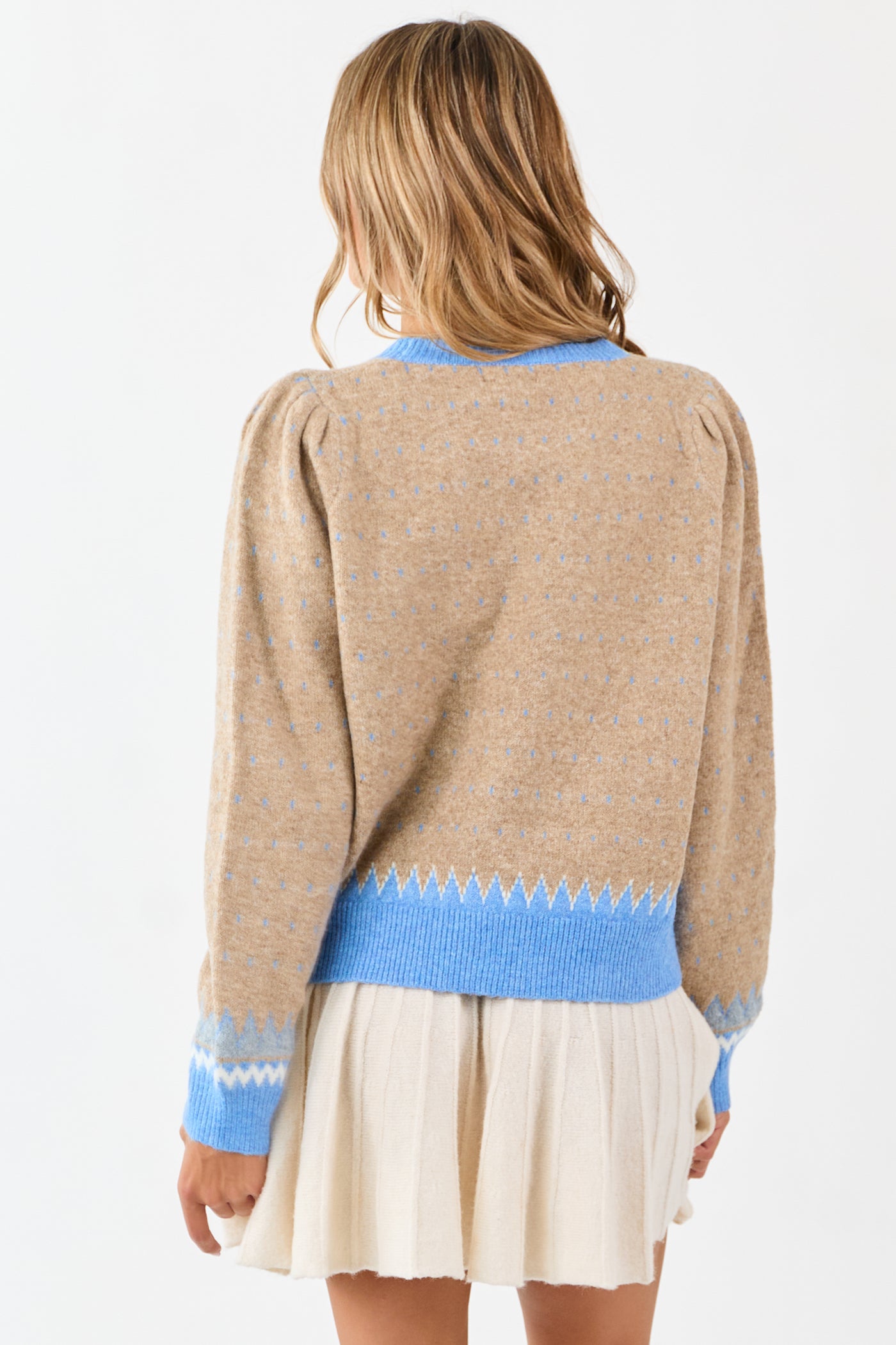 Latte Colorblock Abstract Print Puff Sleeve Sweater
