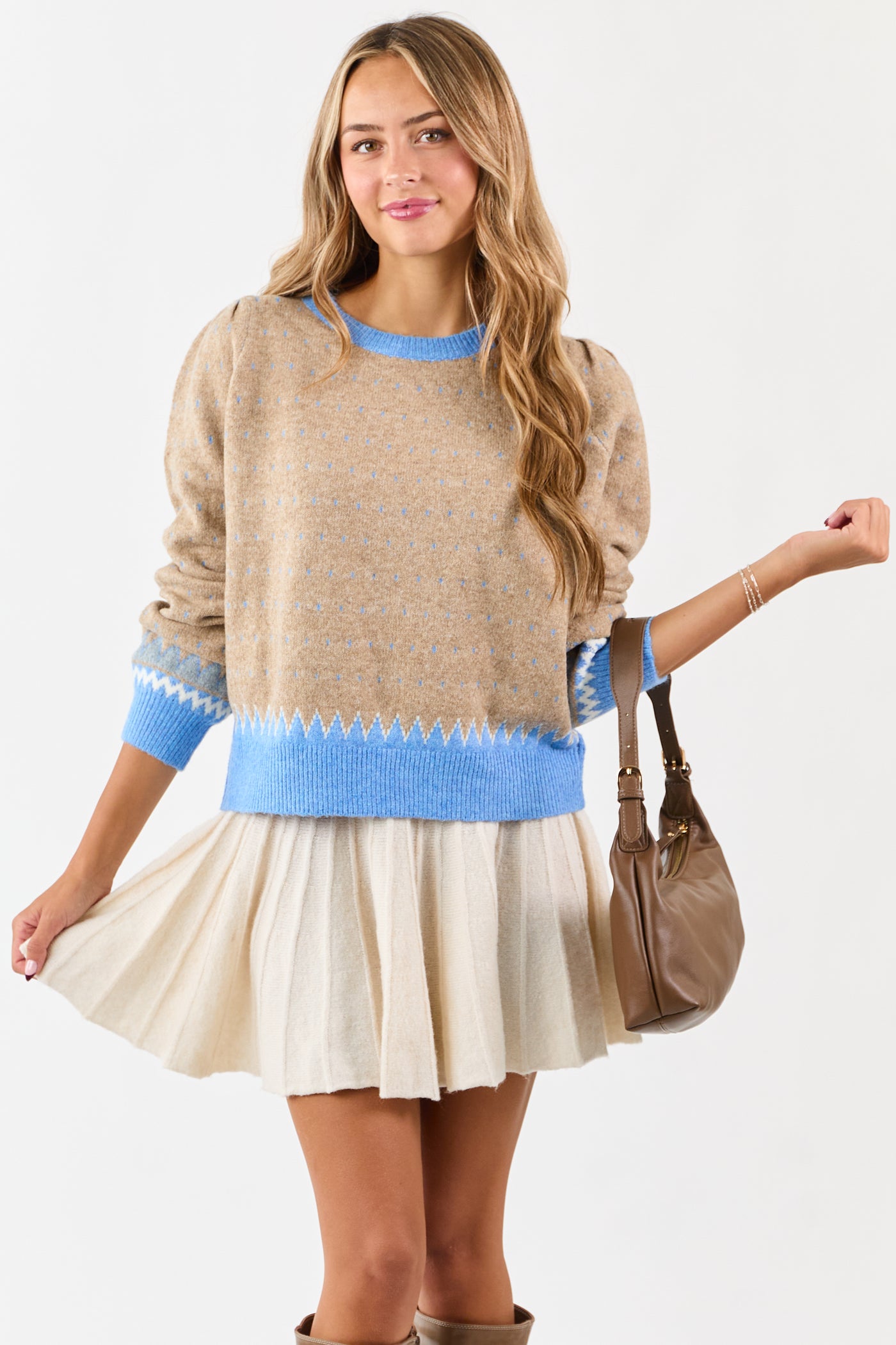 Latte Colorblock Abstract Print Puff Sleeve Sweater