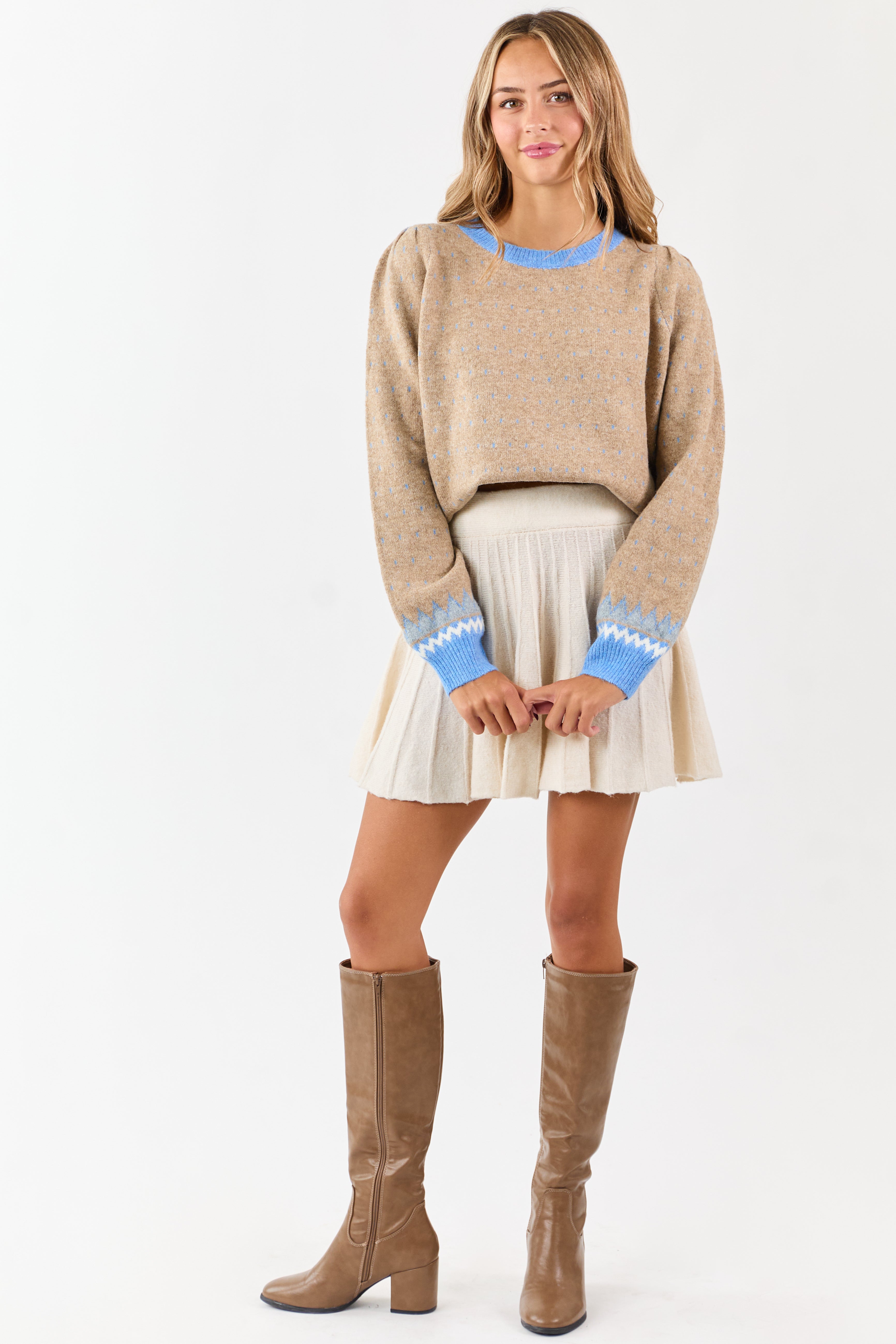 Latte Colorblock Abstract Print Puff Sleeve Sweater