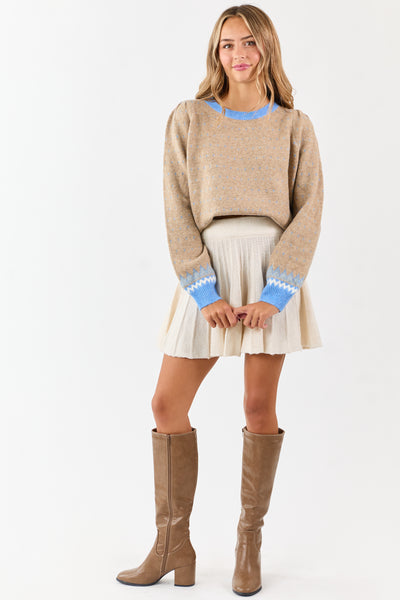 Latte Colorblock Abstract Print Puff Sleeve Sweater