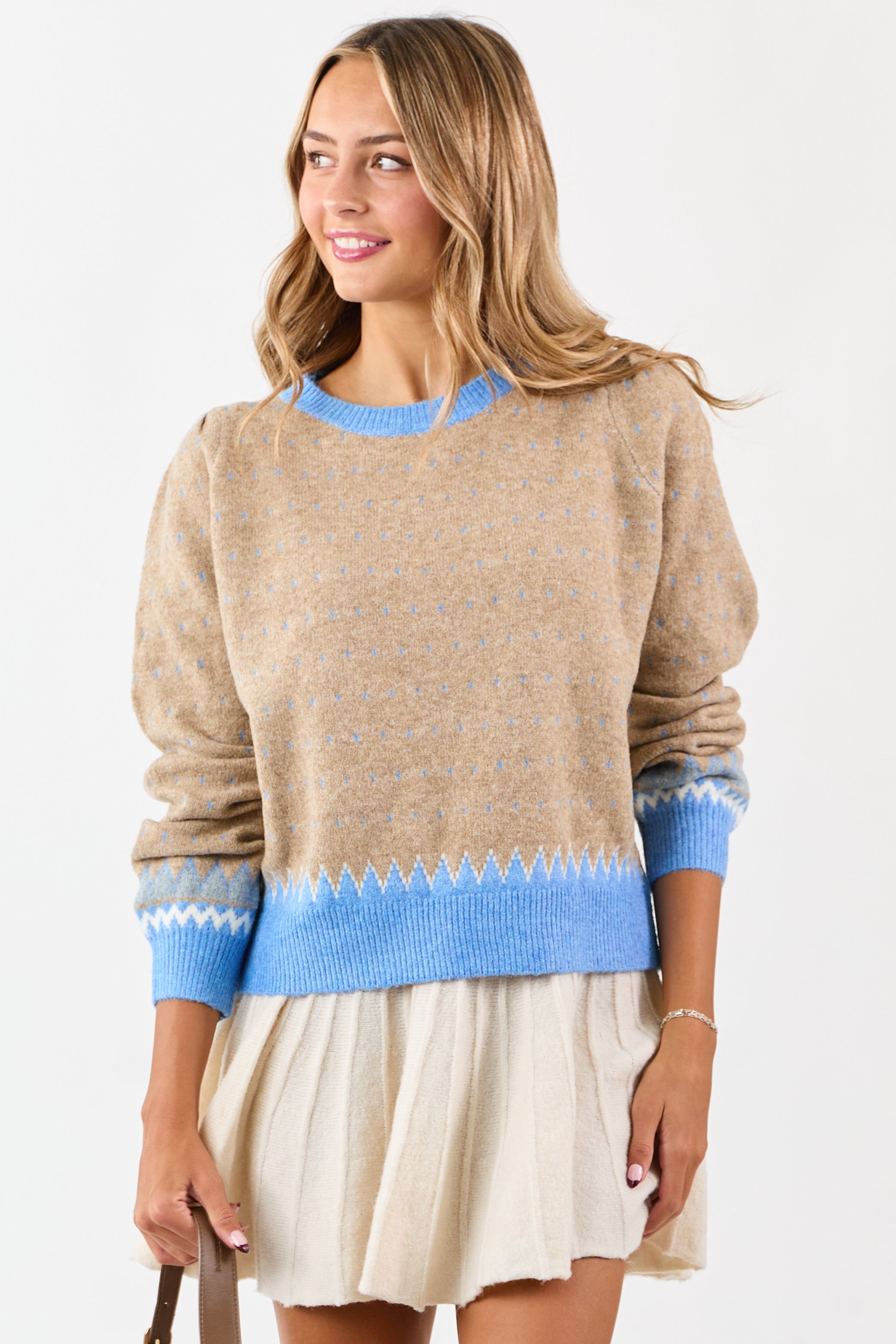Latte Colorblock Abstract Print Puff Sleeve Sweater | Lime Lush