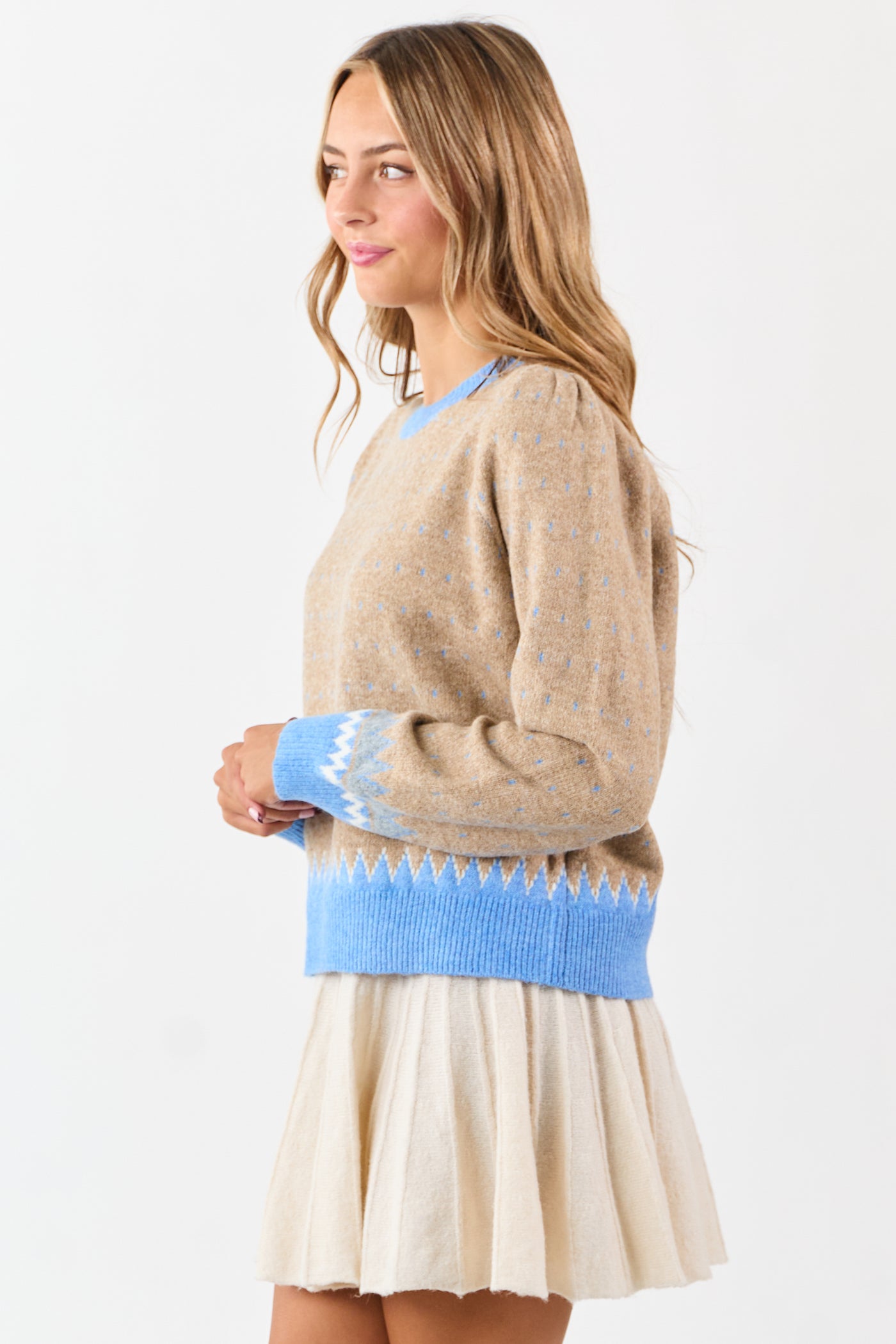 Latte Colorblock Abstract Print Puff Sleeve Sweater