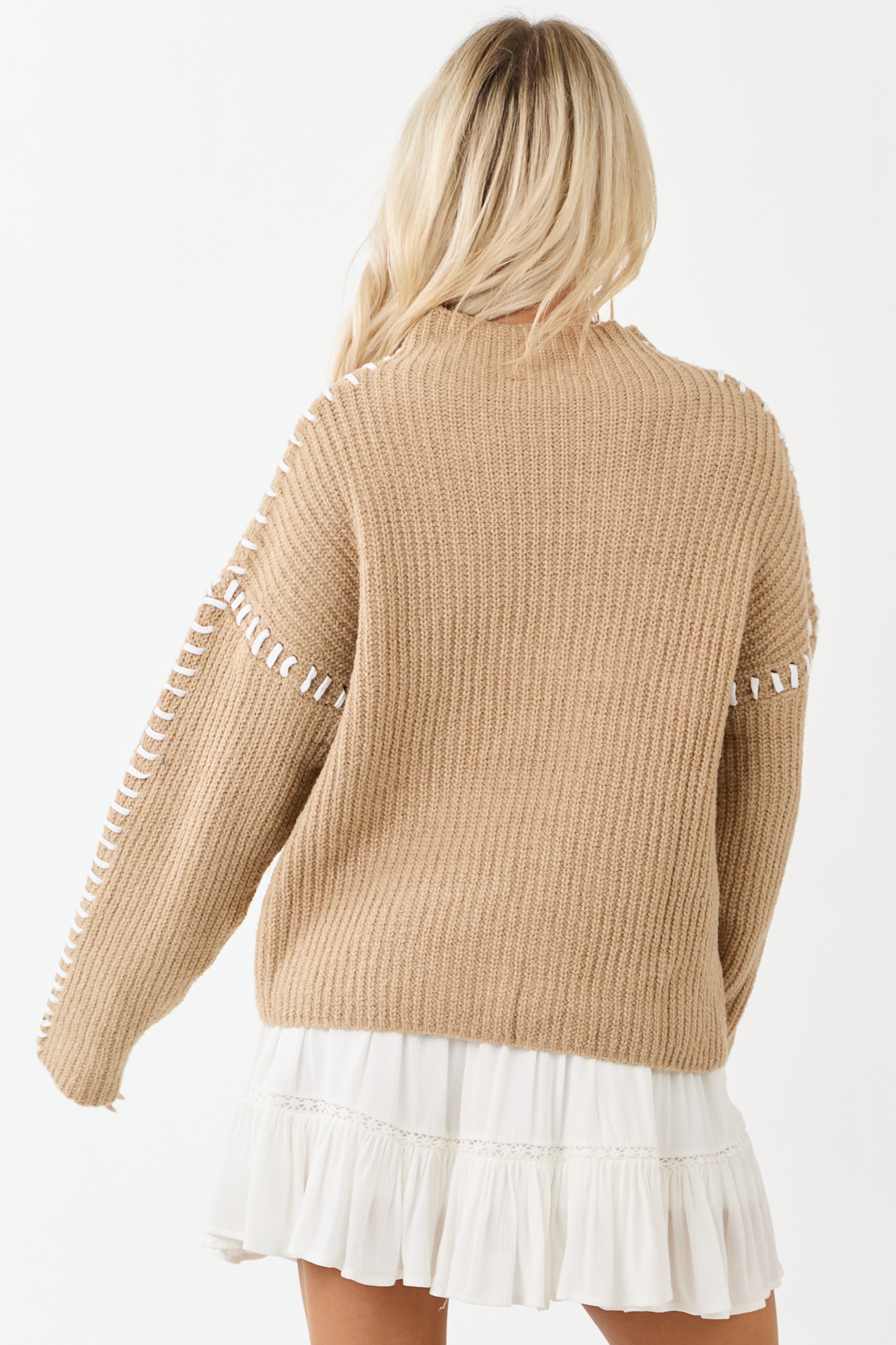 Latte Contrast Blanket Stitch Mock Neck Sweater