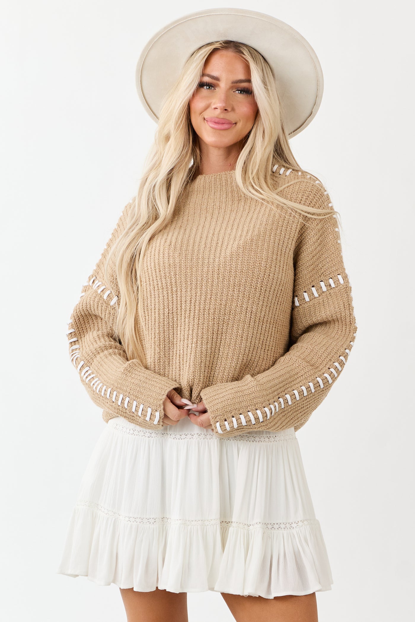 Latte Contrast Blanket Stitch Mock Neck Sweater