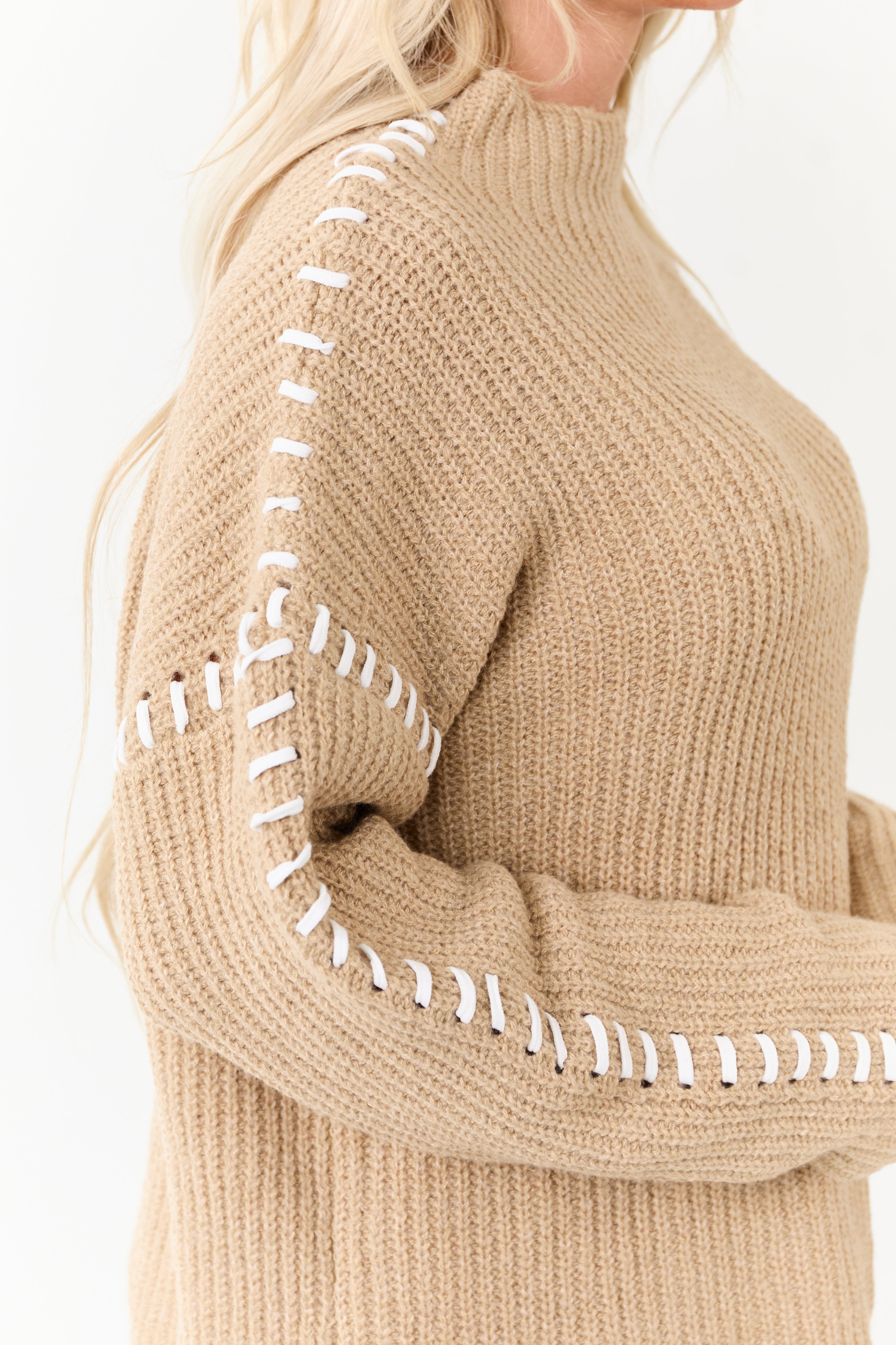 Latte Contrast Blanket Stitch Mock Neck Sweater