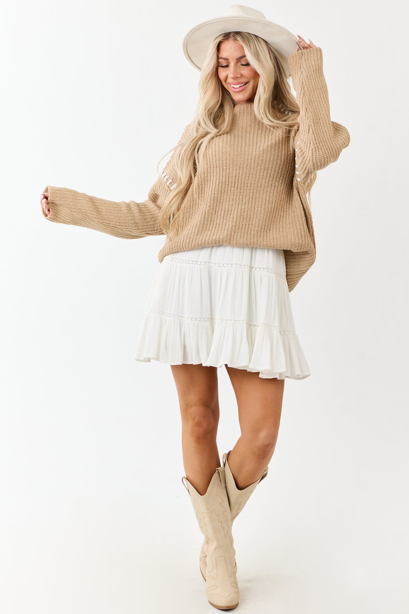Latte Contrast Blanket Stitch Mock Neck Sweater
