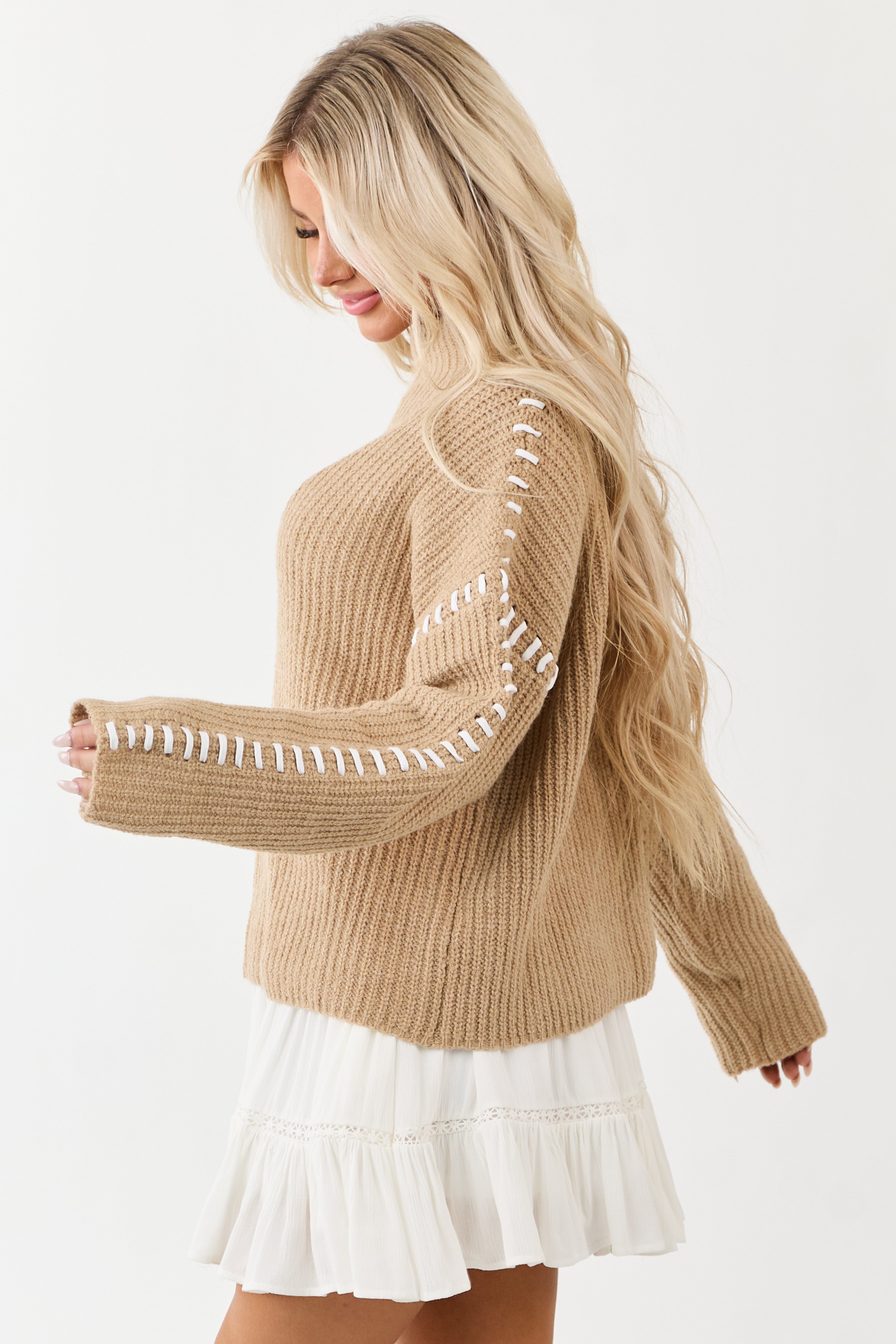 Latte Contrast Blanket Stitch Mock Neck Sweater