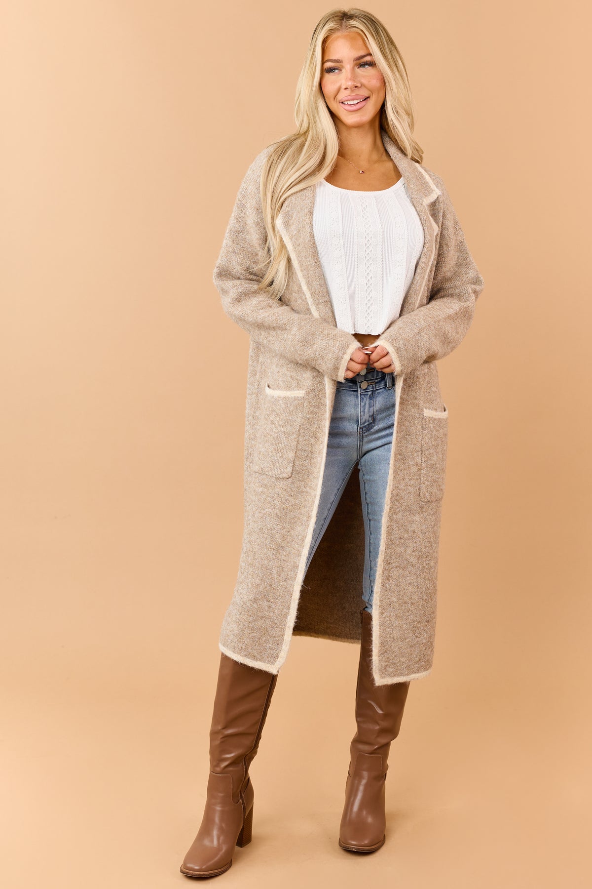 Latte Contrast Trim Duster Sweater Cardigan