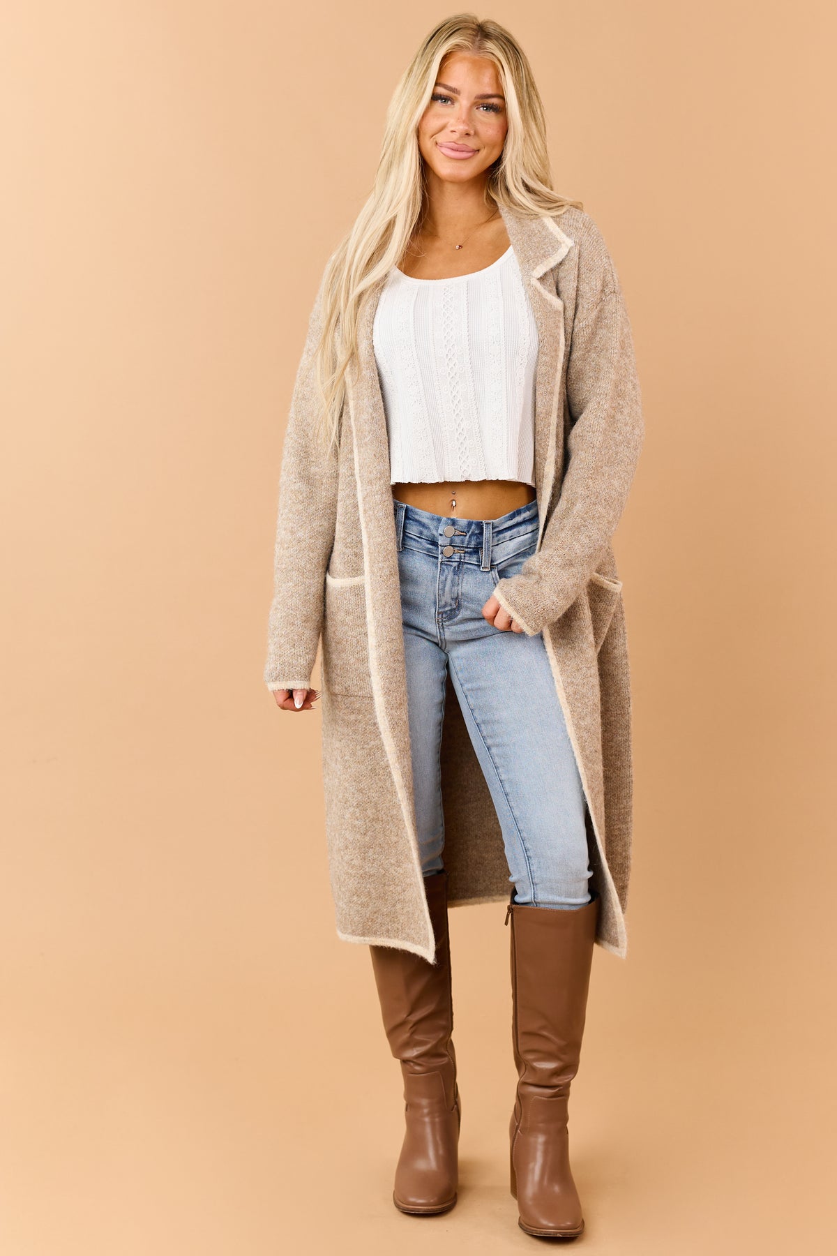 Latte Contrast Trim Duster Sweater Cardigan