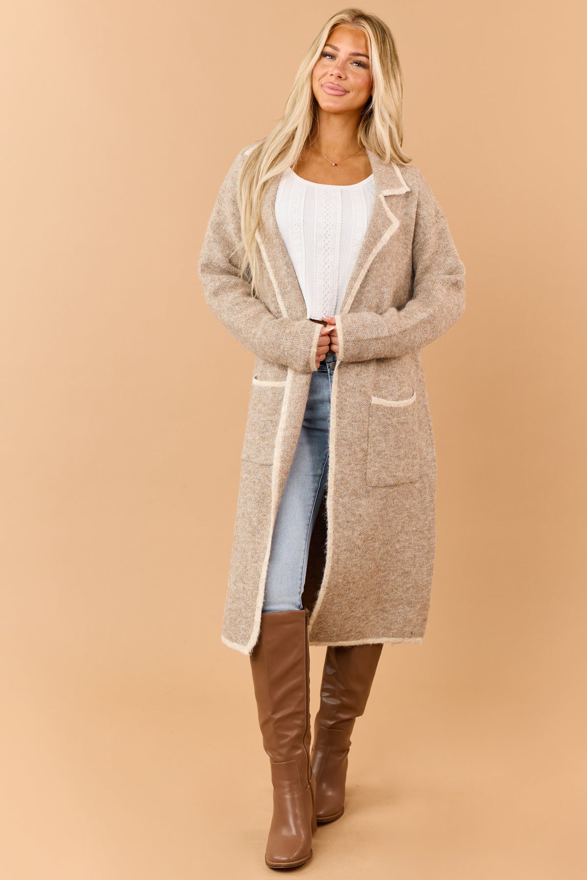 Latte Contrast Trim Duster Sweater Cardigan