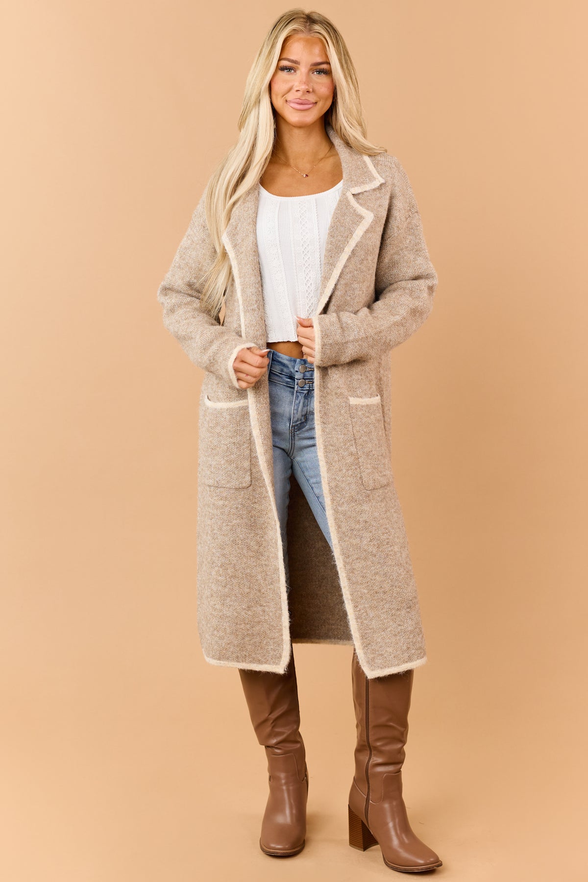 Latte Contrast Trim Duster Sweater Cardigan