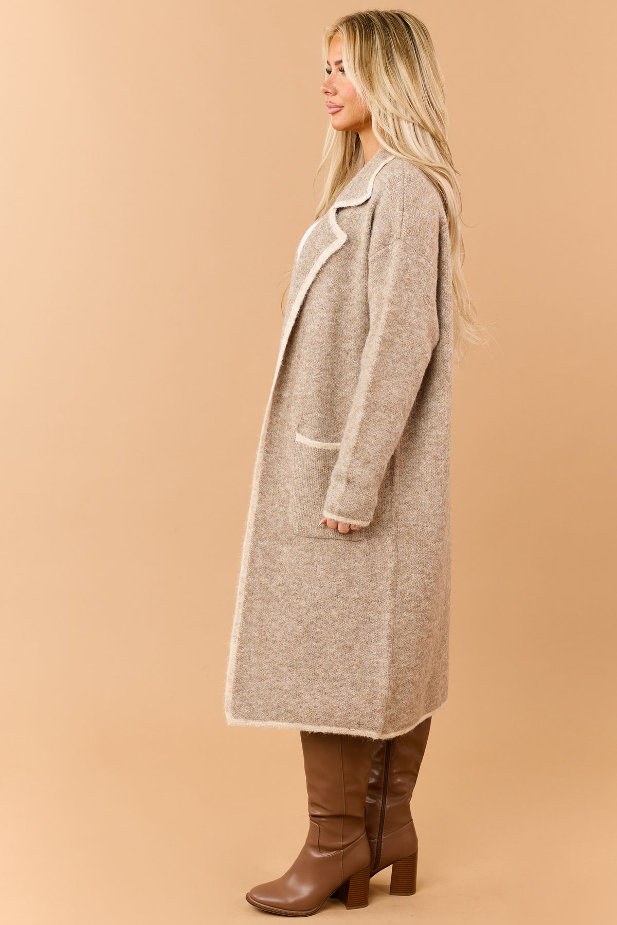 Latte Contrast Trim Duster Sweater Cardigan