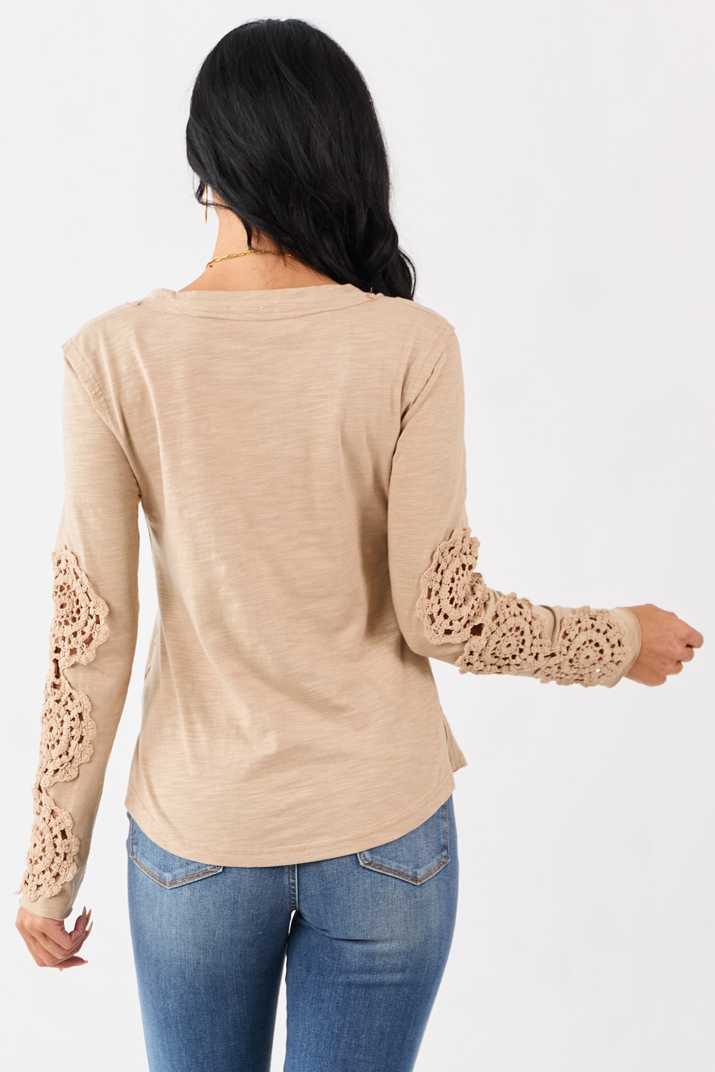 Latte Crochet Lace Sleeve Henley Cotton Top