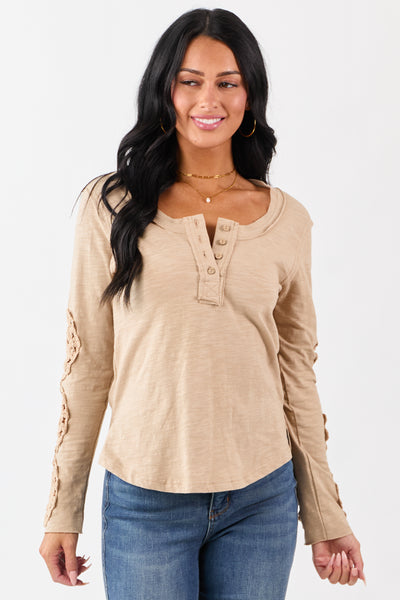 Latte Crochet Lace Sleeve Henley Cotton Top | Lime Lush Boutique