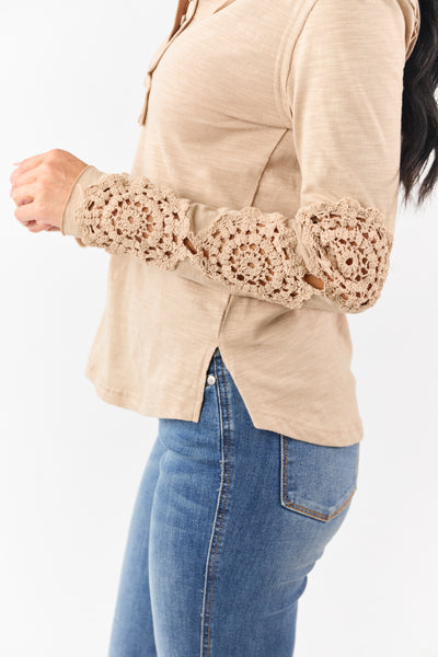 Latte Crochet Lace Sleeve Henley Cotton Top