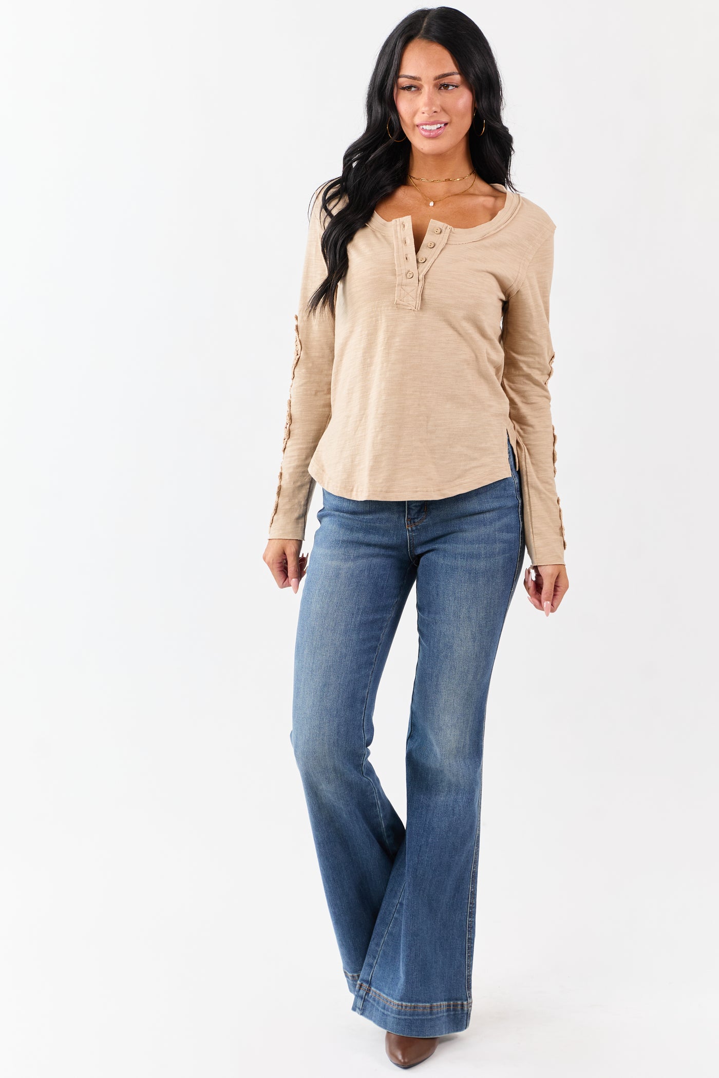 Latte Crochet Lace Sleeve Henley Cotton Top