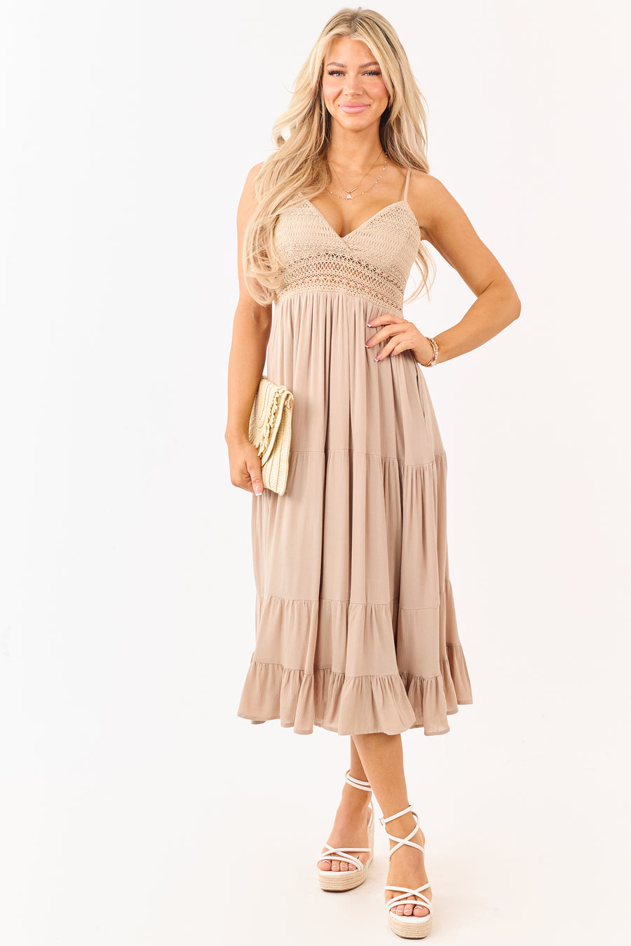 Latte Crochet Sleeveless Deep V-Neck Maxi Dress