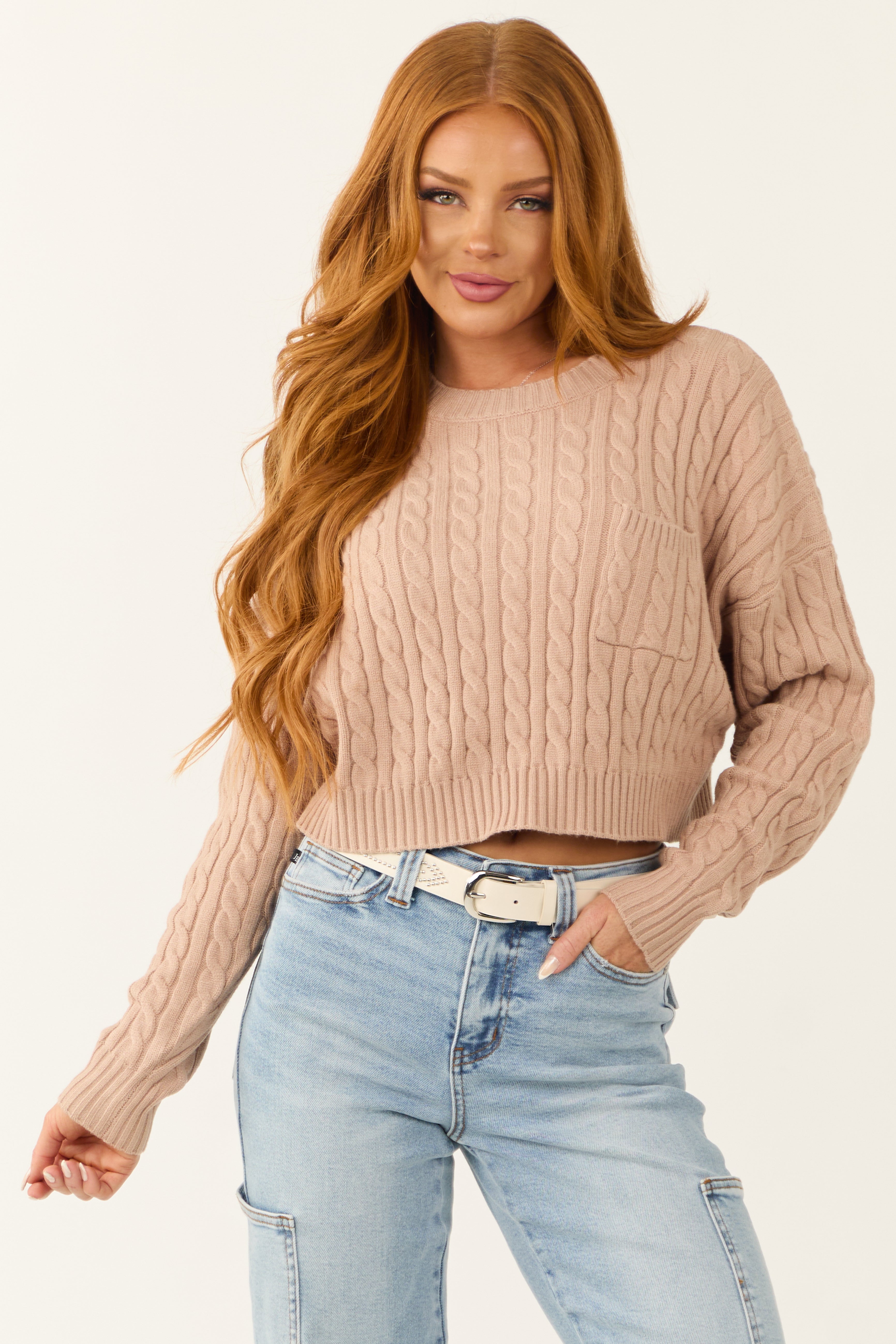 Latte Cropped Soft Cable Knit Sweater | Lime Lush Boutique