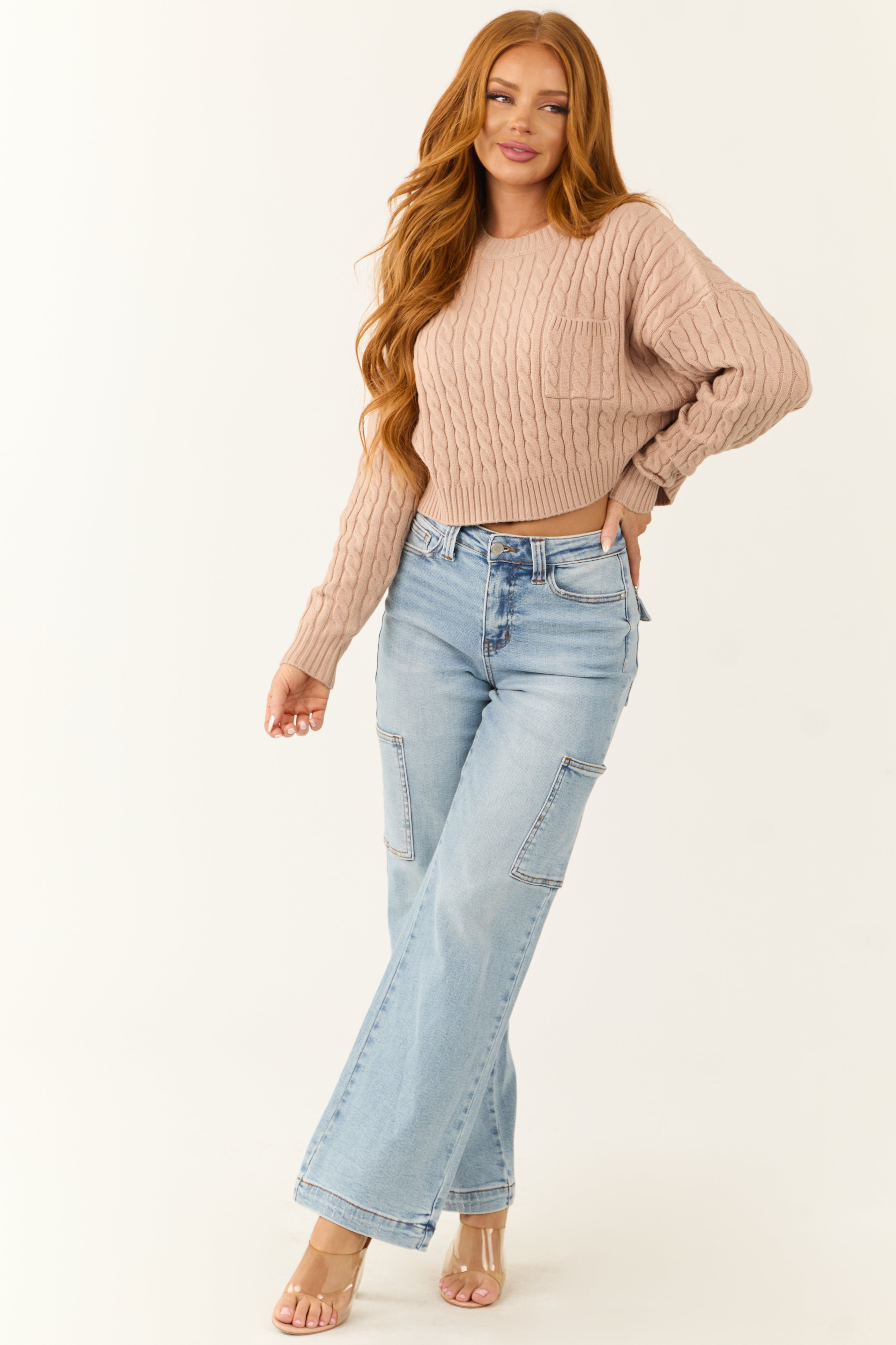 Latte Cropped Soft Cable Knit Sweater | Lime Lush Boutique