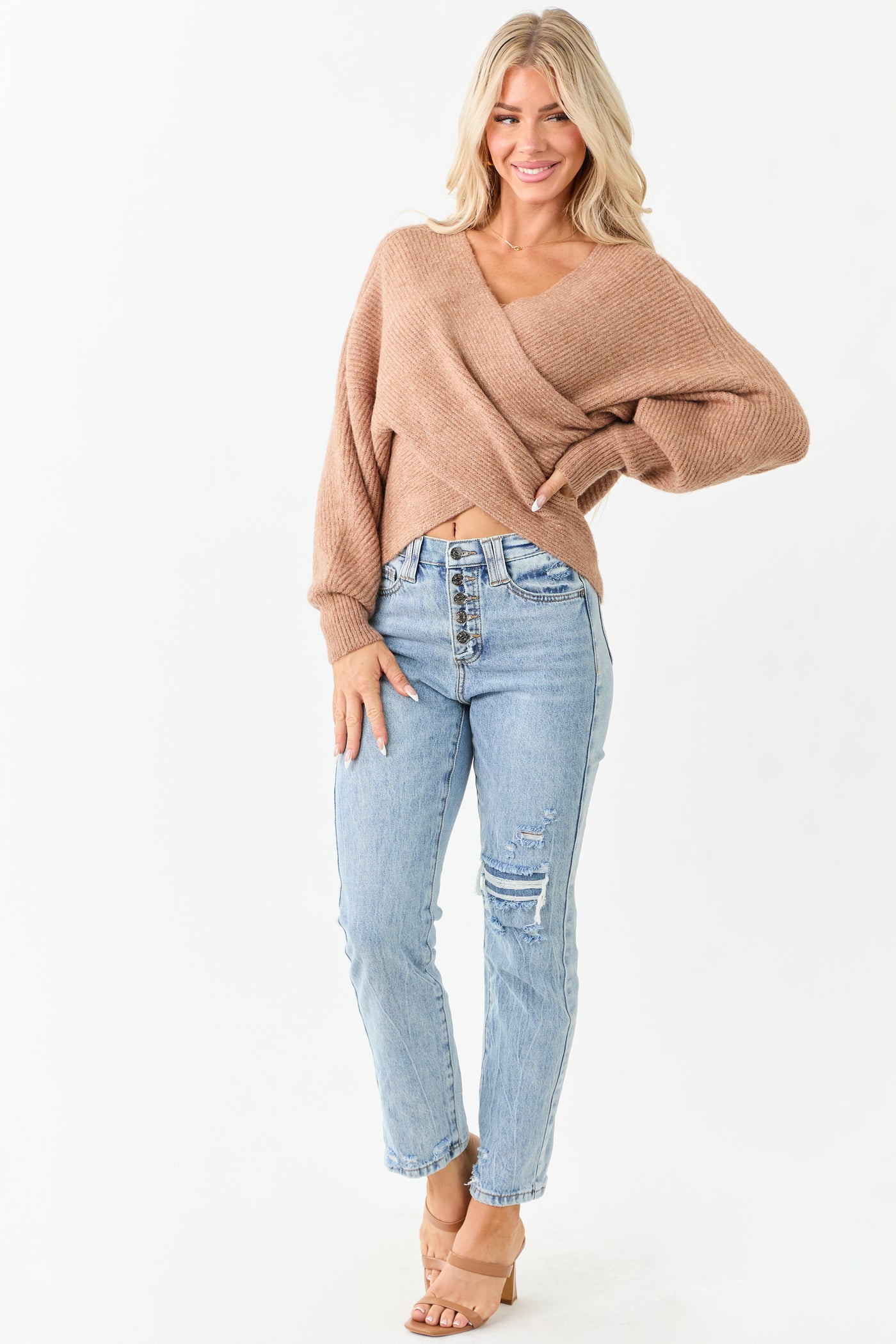 Latte Crossover V Neck Puff Sleeve Sweater