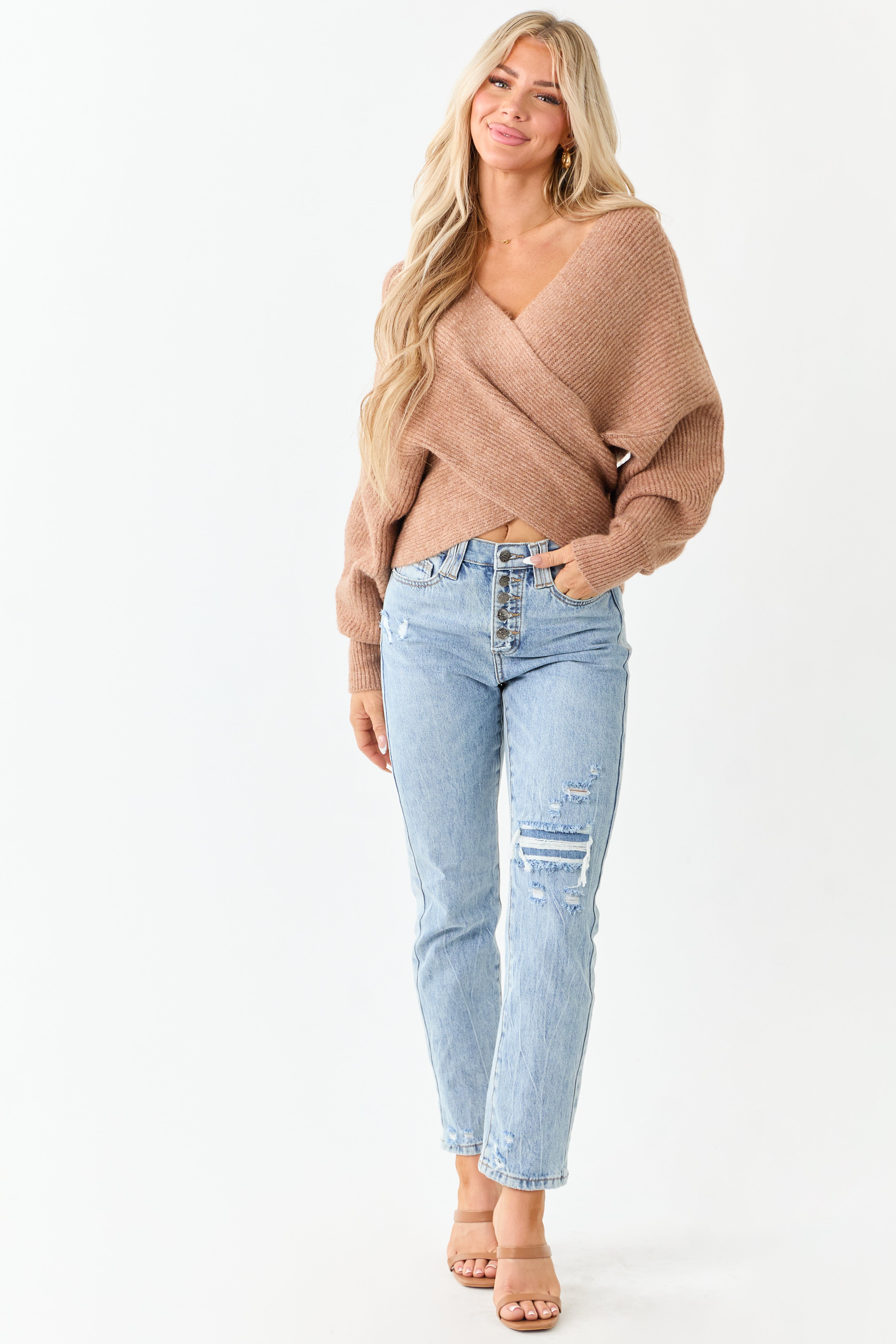 Latte Crossover V Neck Puff Sleeve Sweater
