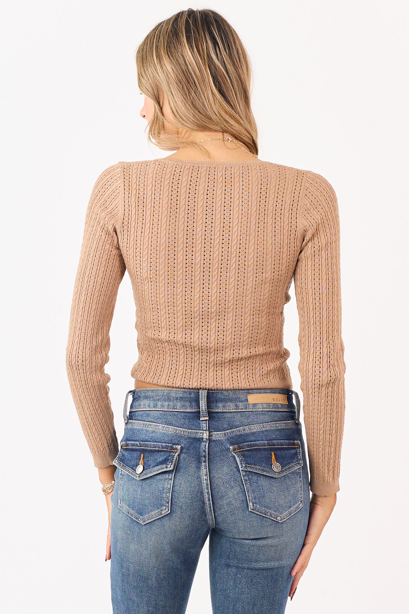 Latte Deep V-Neck Pointelle Cropped Fitted Top