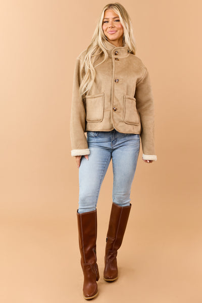Latte Faux Suede Sherpa Reversible Button Up Jacket