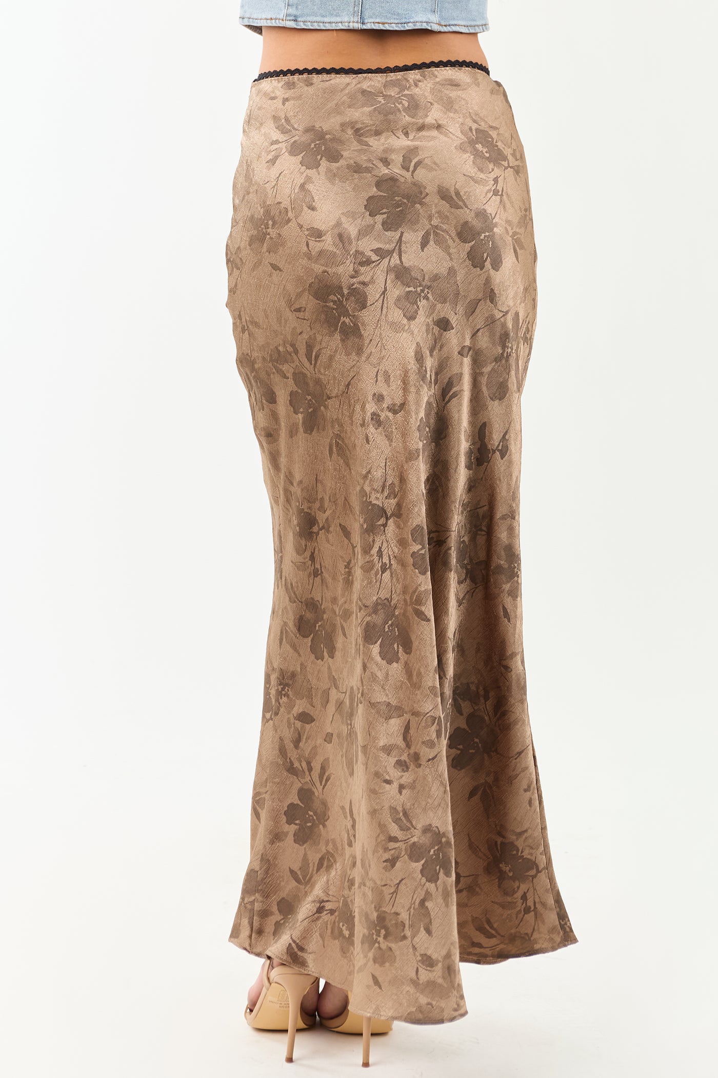 Latte Floral Print Textured Satin Maxi Skirt