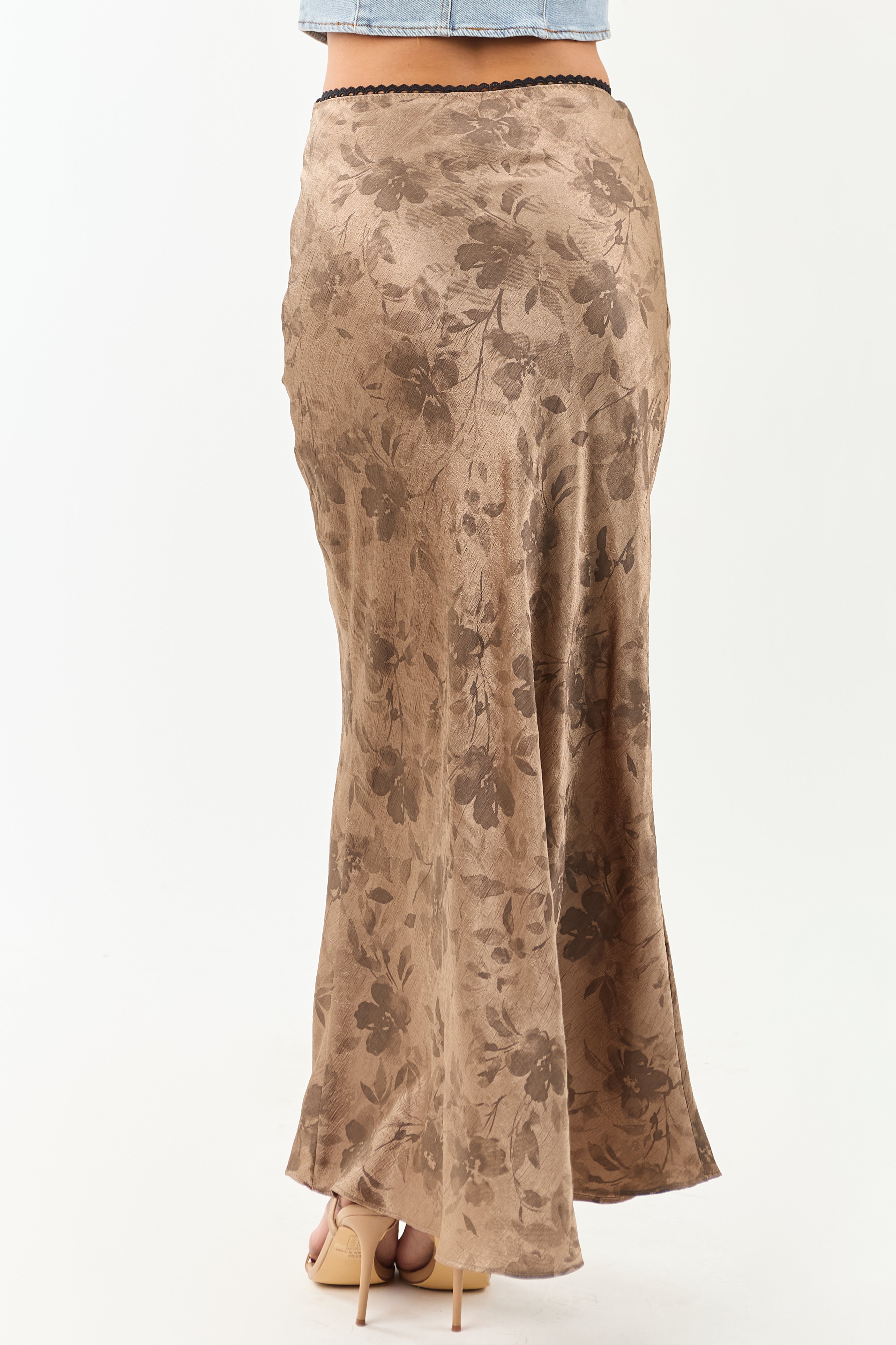 Latte Floral Print Textured Satin Maxi Skirt