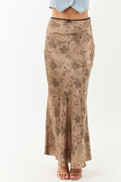 Latte Floral Print Textured Satin Maxi Skirt