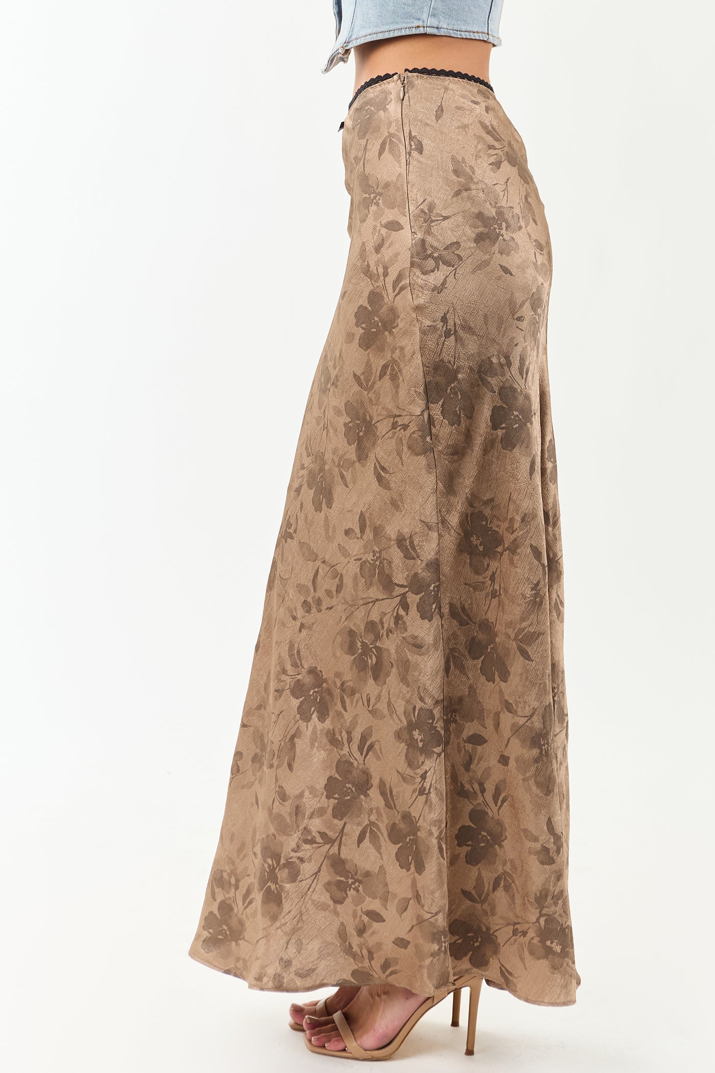 Latte Floral Print Textured Satin Maxi Skirt