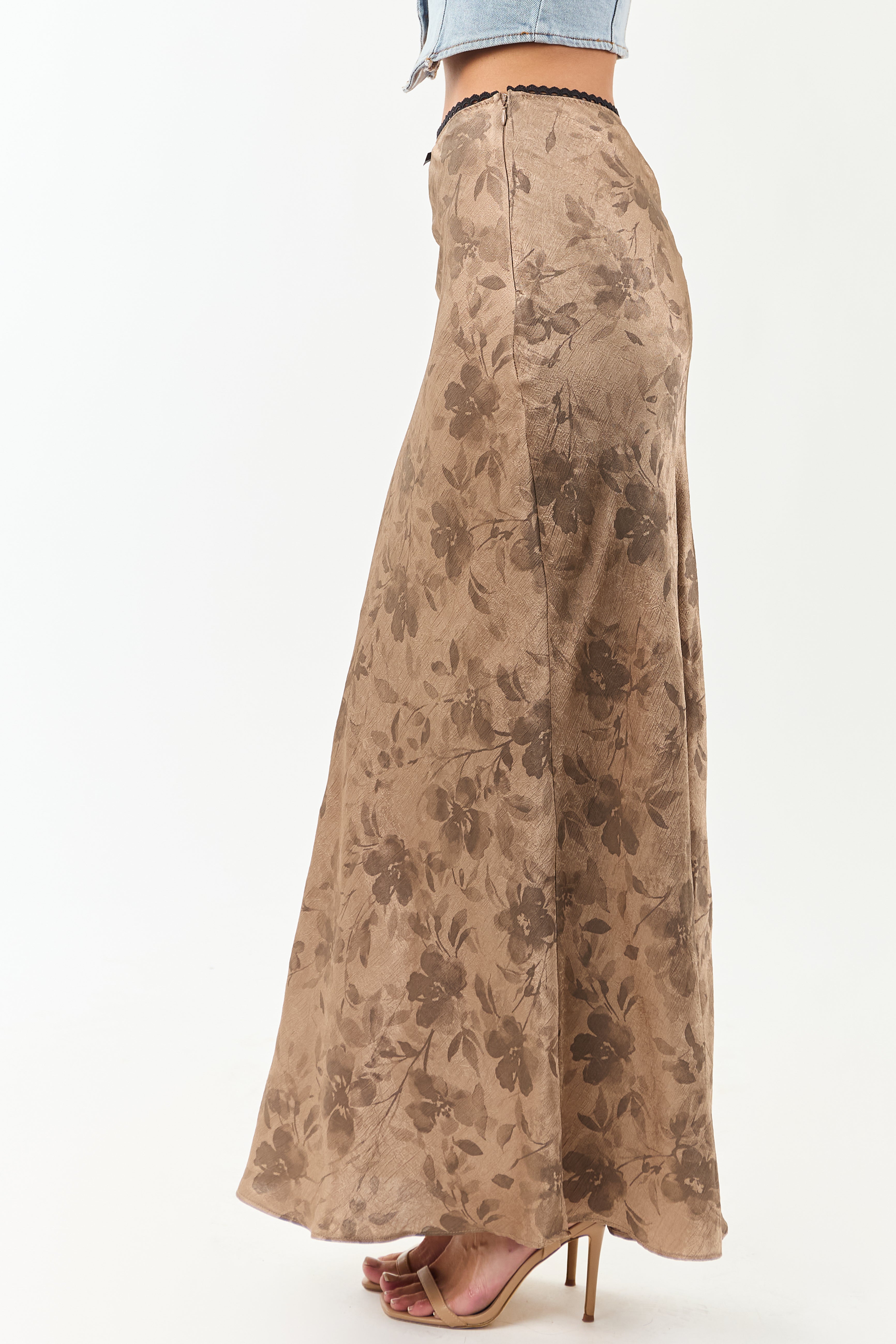 Latte Floral Print Textured Satin Maxi Skirt