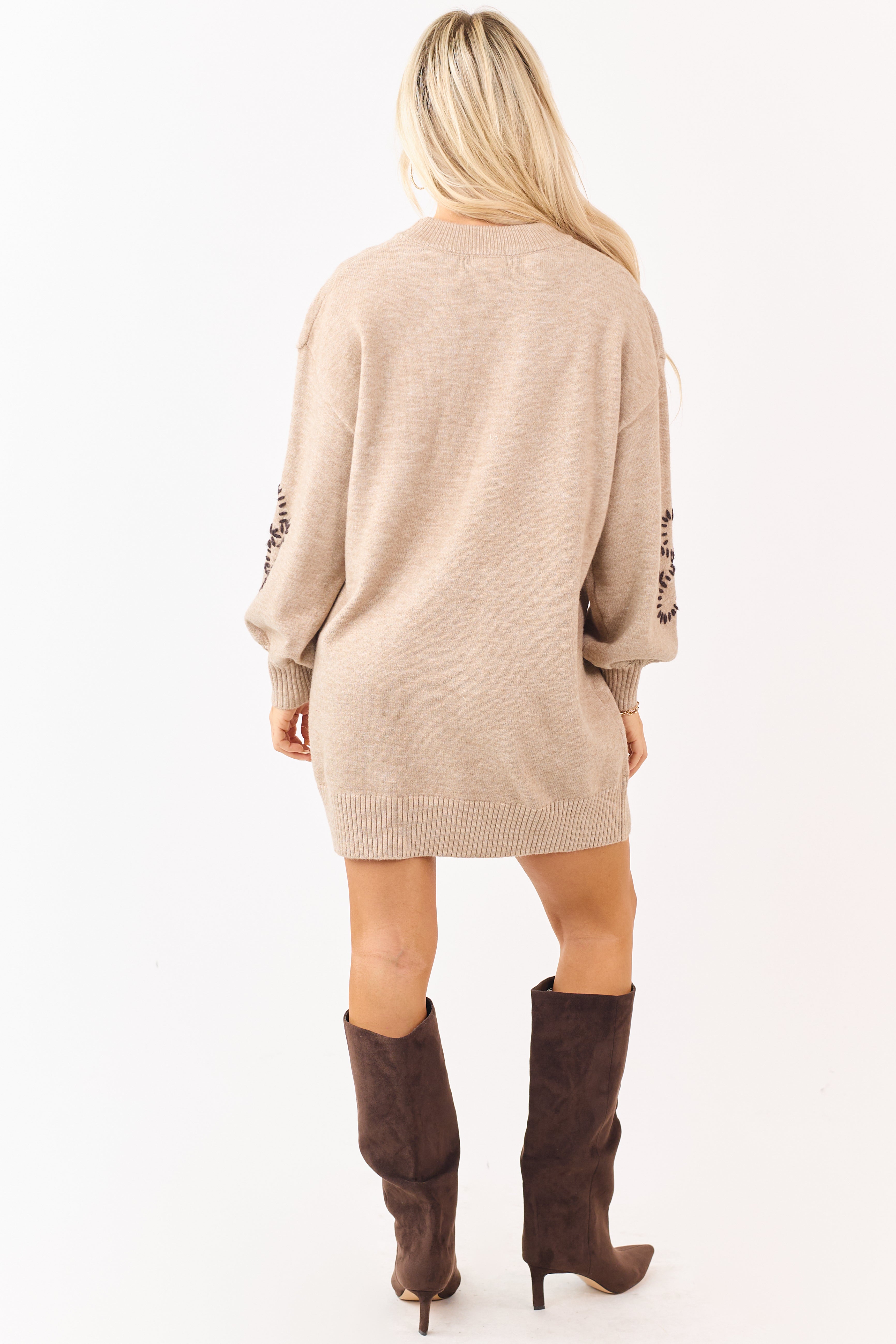 Latte Floral Yarn Embroidered Mini Sweater Dress