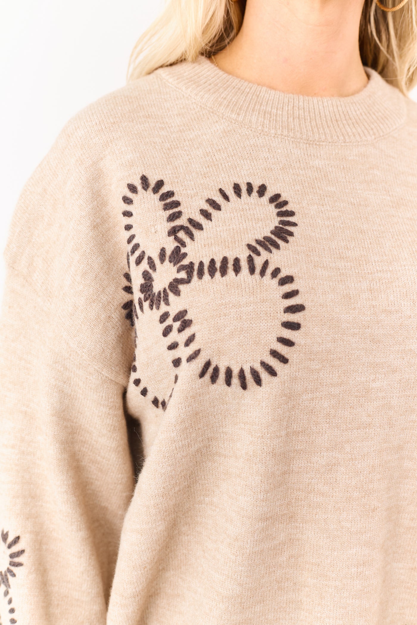 Latte Floral Yarn Embroidered Mini Sweater Dress