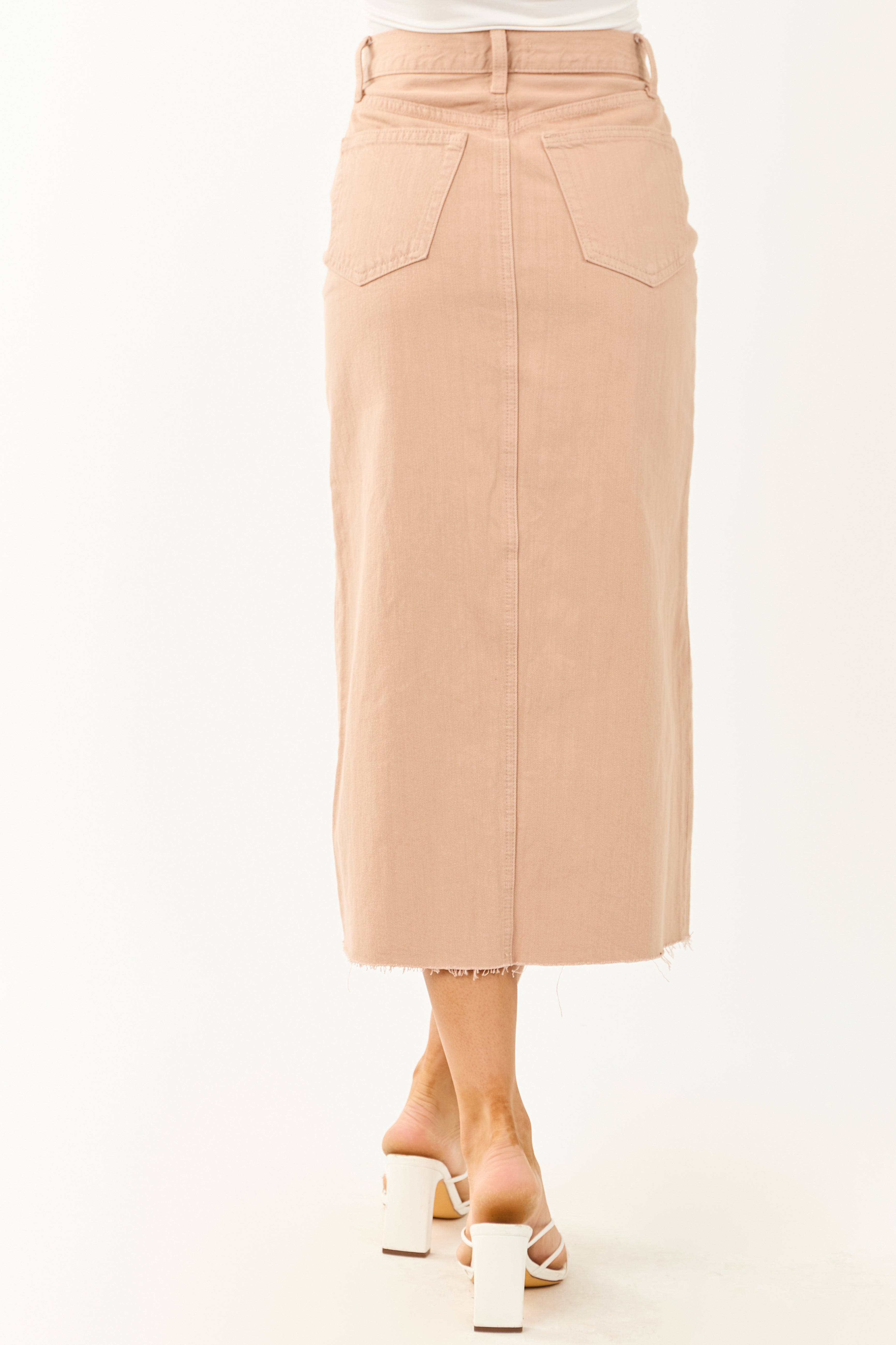 Latte Front Slit Raw Hem Denim Midi Skirt