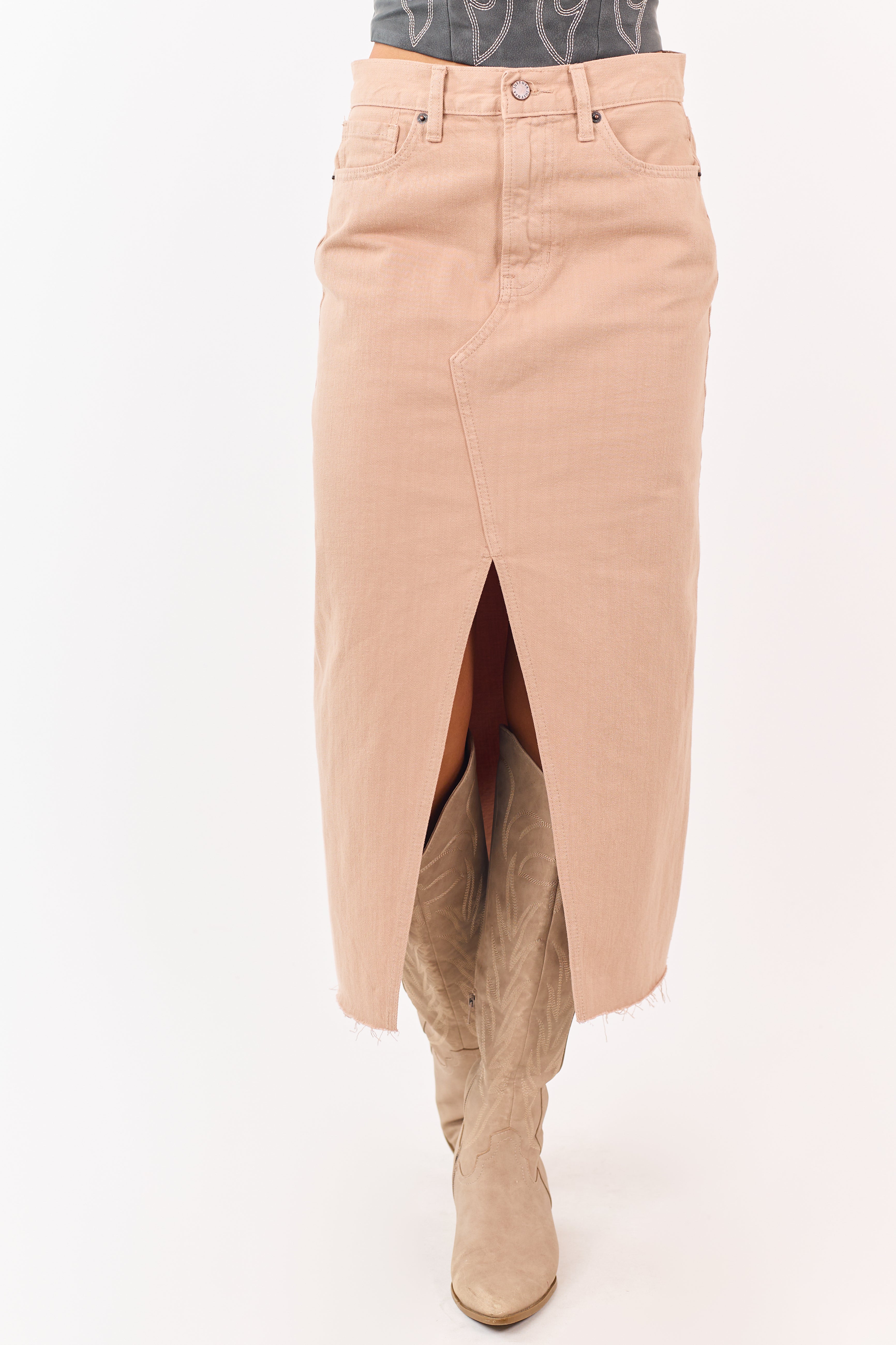 Latte Front Slit Raw Hem Denim Midi Skirt | Lime Lush Boutique