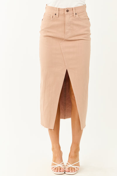 Latte Front Slit Raw Hem Denim Midi Skirt