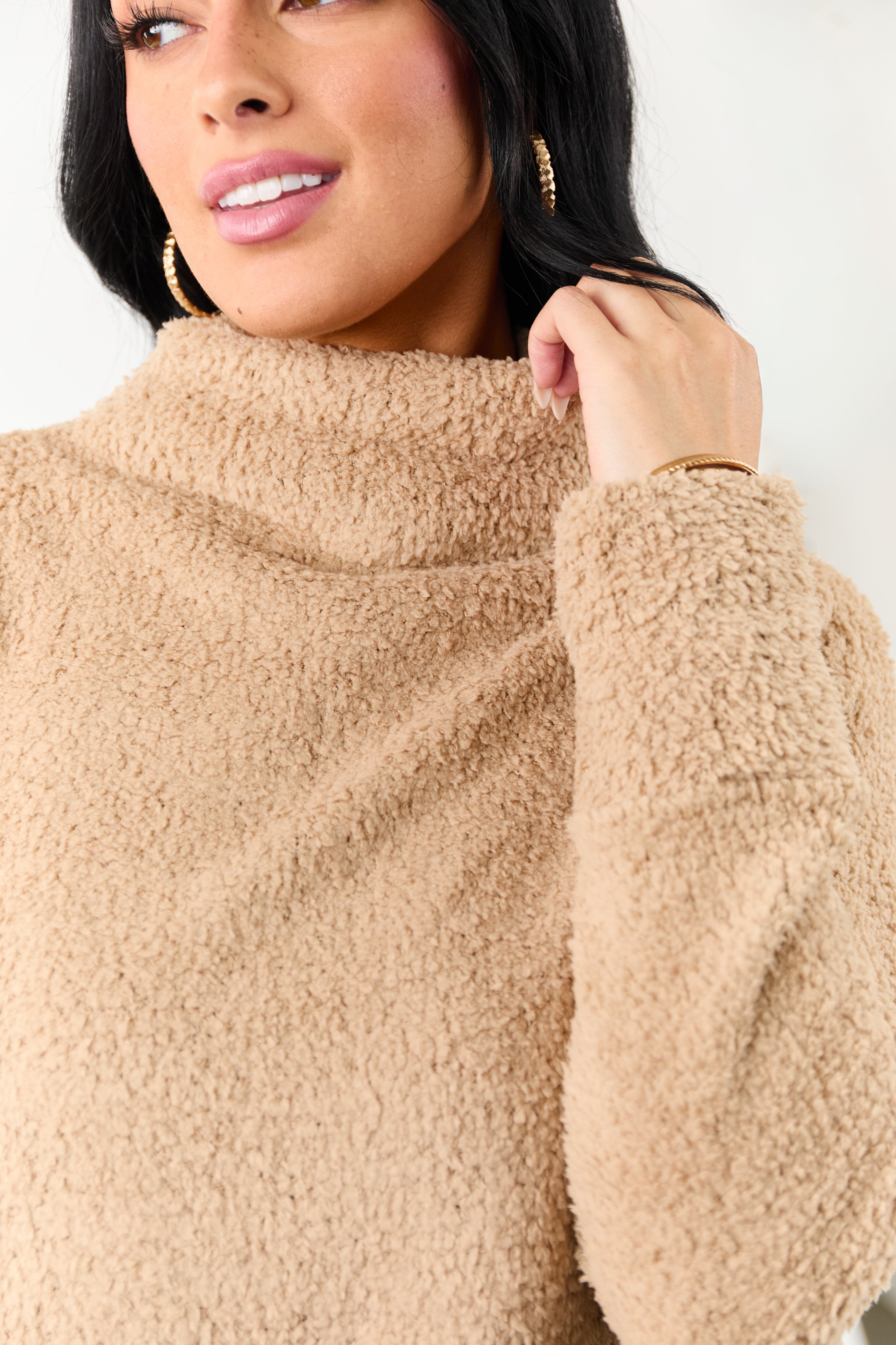 Latte Fuzzy Soft Knit Mock Neck Sweater