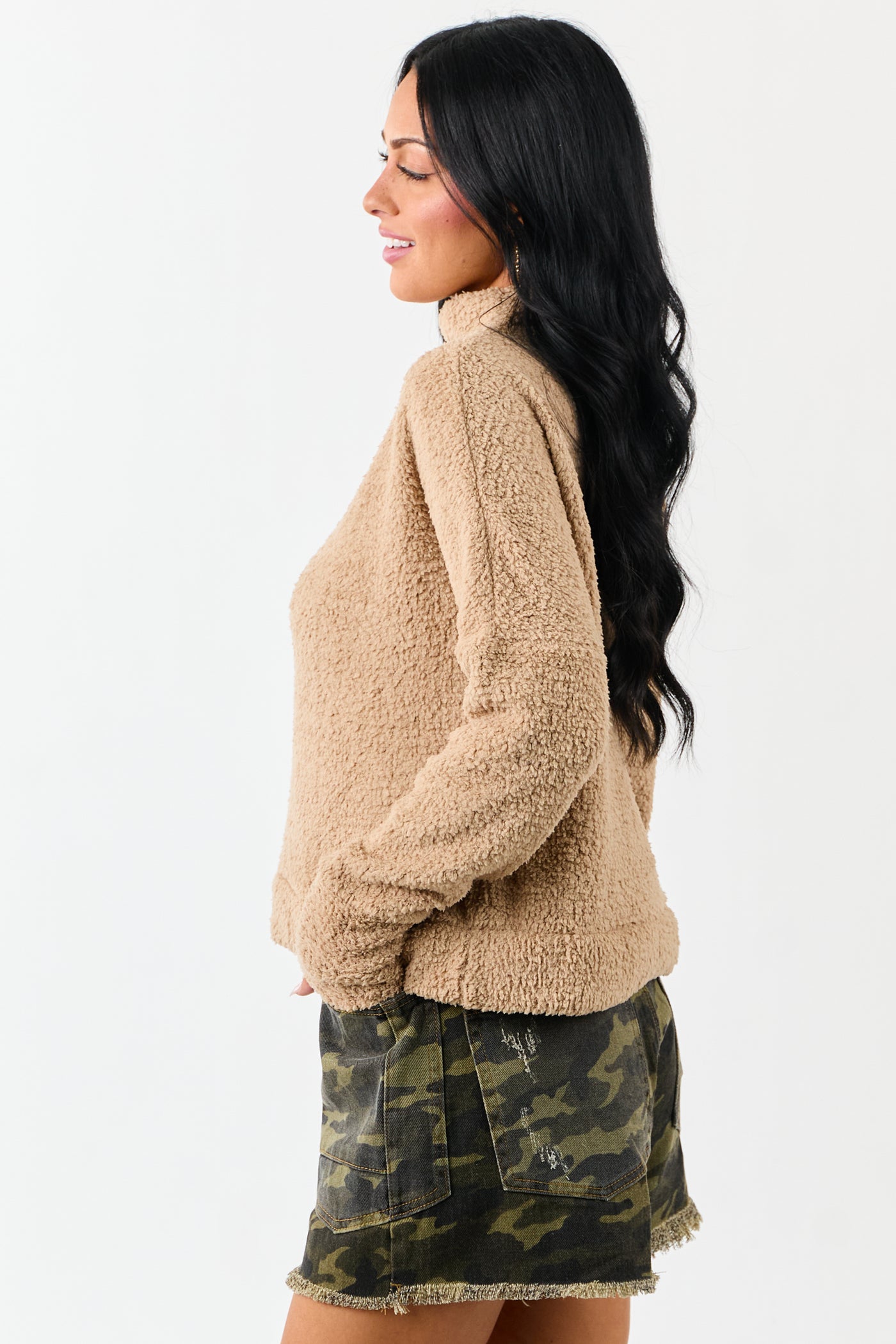 Latte Fuzzy Soft Knit Mock Neck Sweater