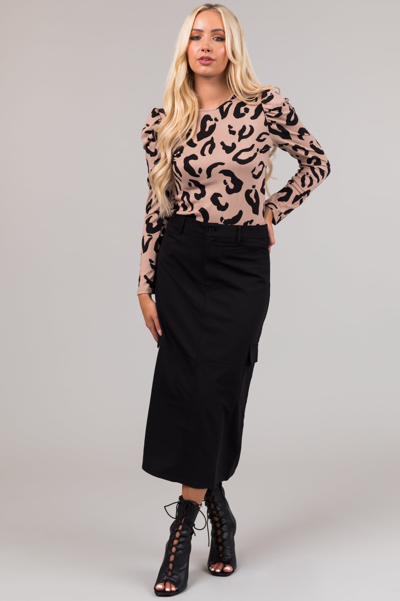 Stripe Pattern with Leopard Print Top - Latte/Sand