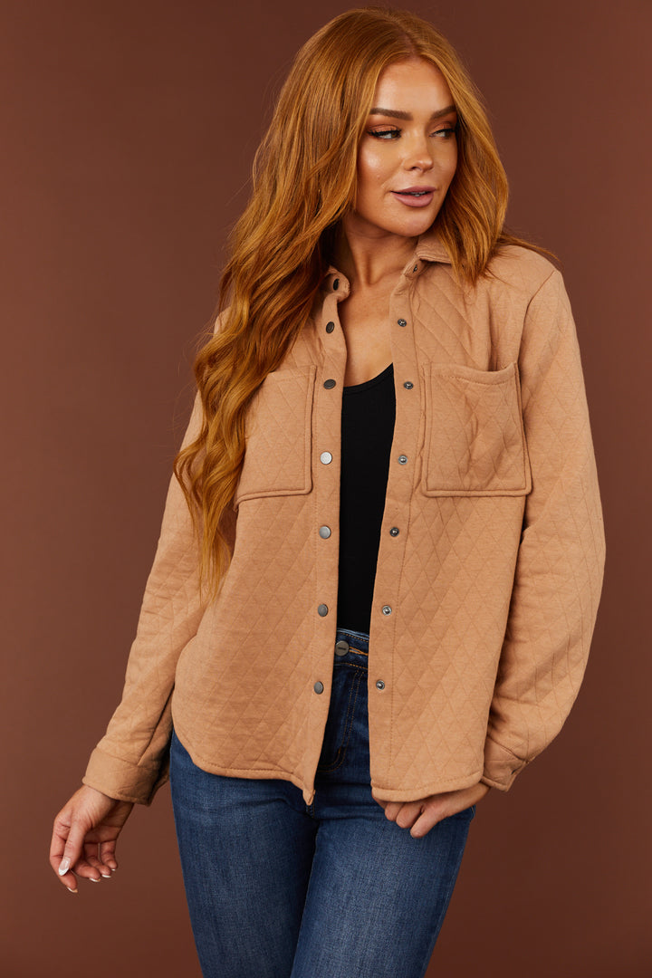Latte Long Sleeve Quilted Shacket with Pockets