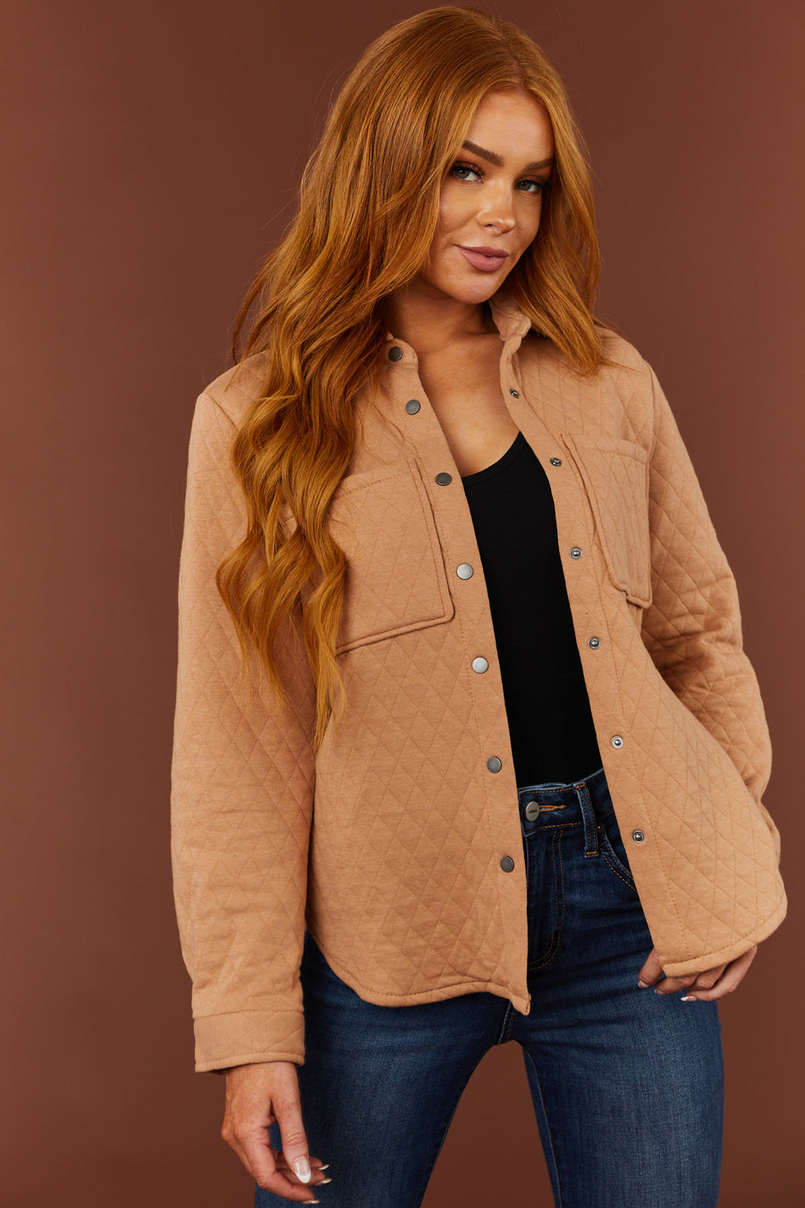 Latte Long Sleeve Quilted Shacket with Pockets