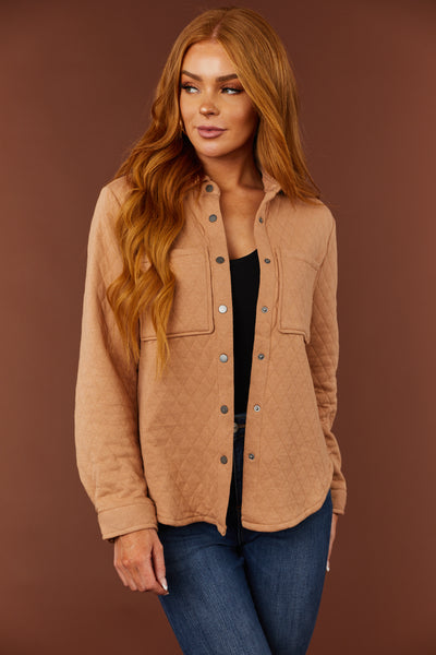 Latte Long Sleeve Quilted Shacket with Pockets