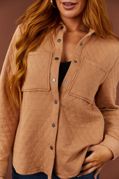 Latte Long Sleeve Quilted Shacket with Pockets