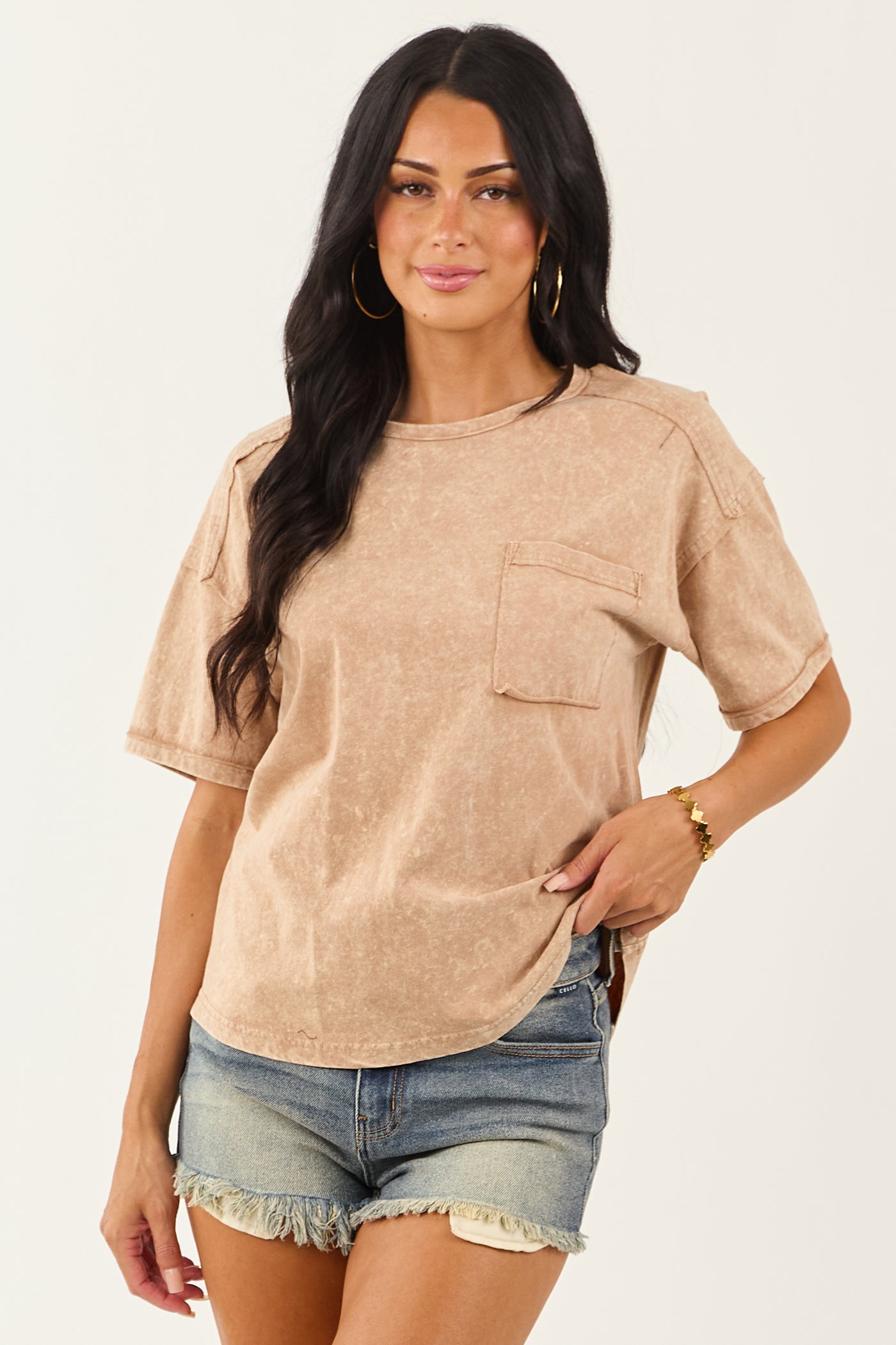 Latte Mineral Washed Cotton Short Sleeve Top