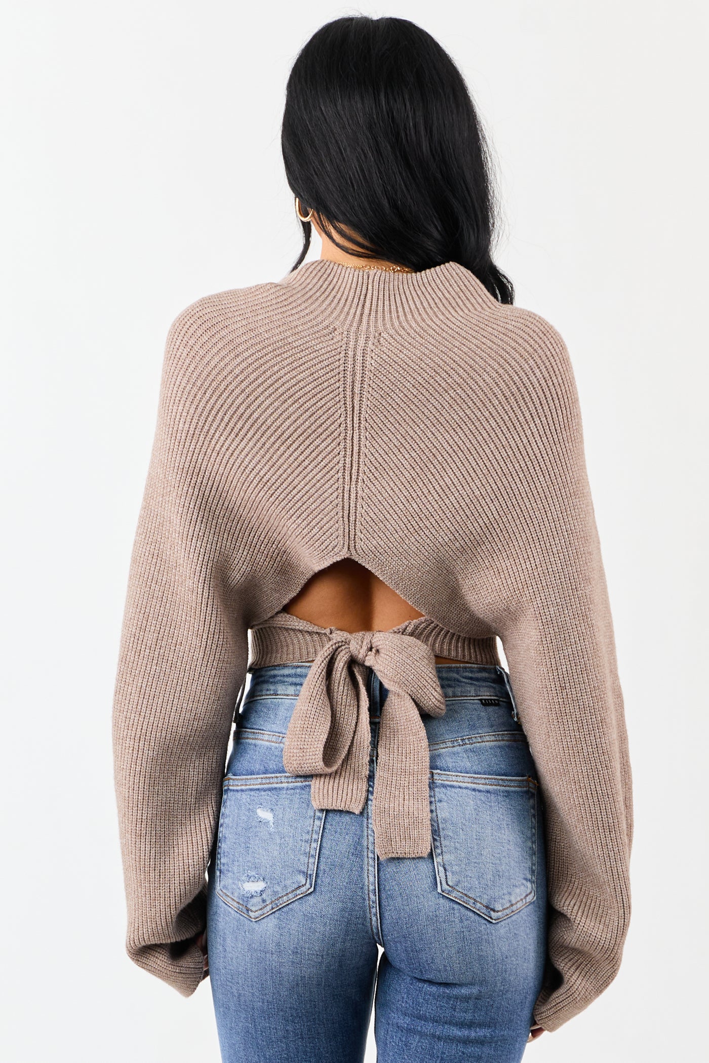 Latte Mock Neck Back Cut Out Ribbed Sweater