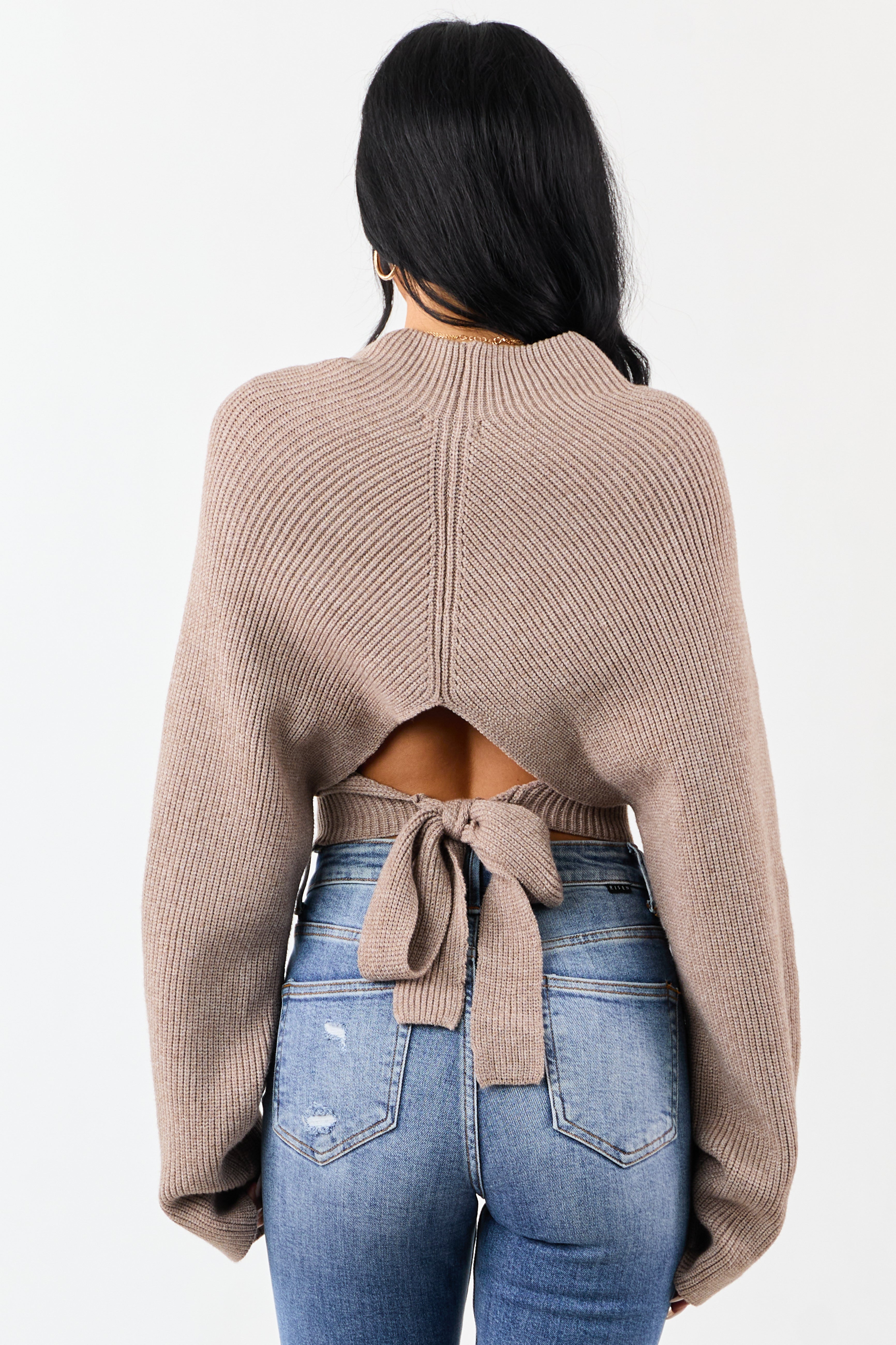 Latte Mock Neck Back Cut Out Ribbed Sweater