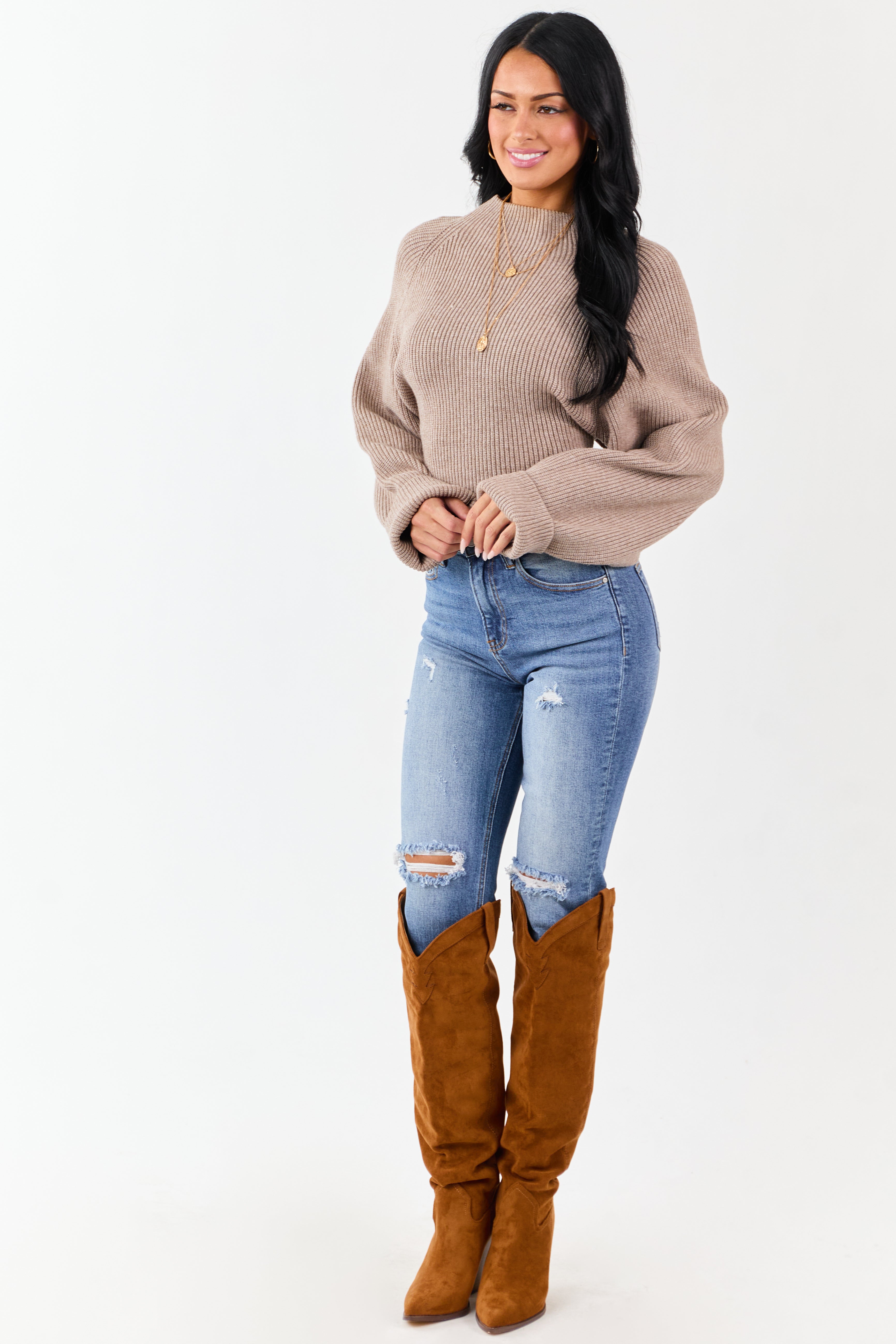 Latte Mock Neck Back Cut Out Ribbed Sweater