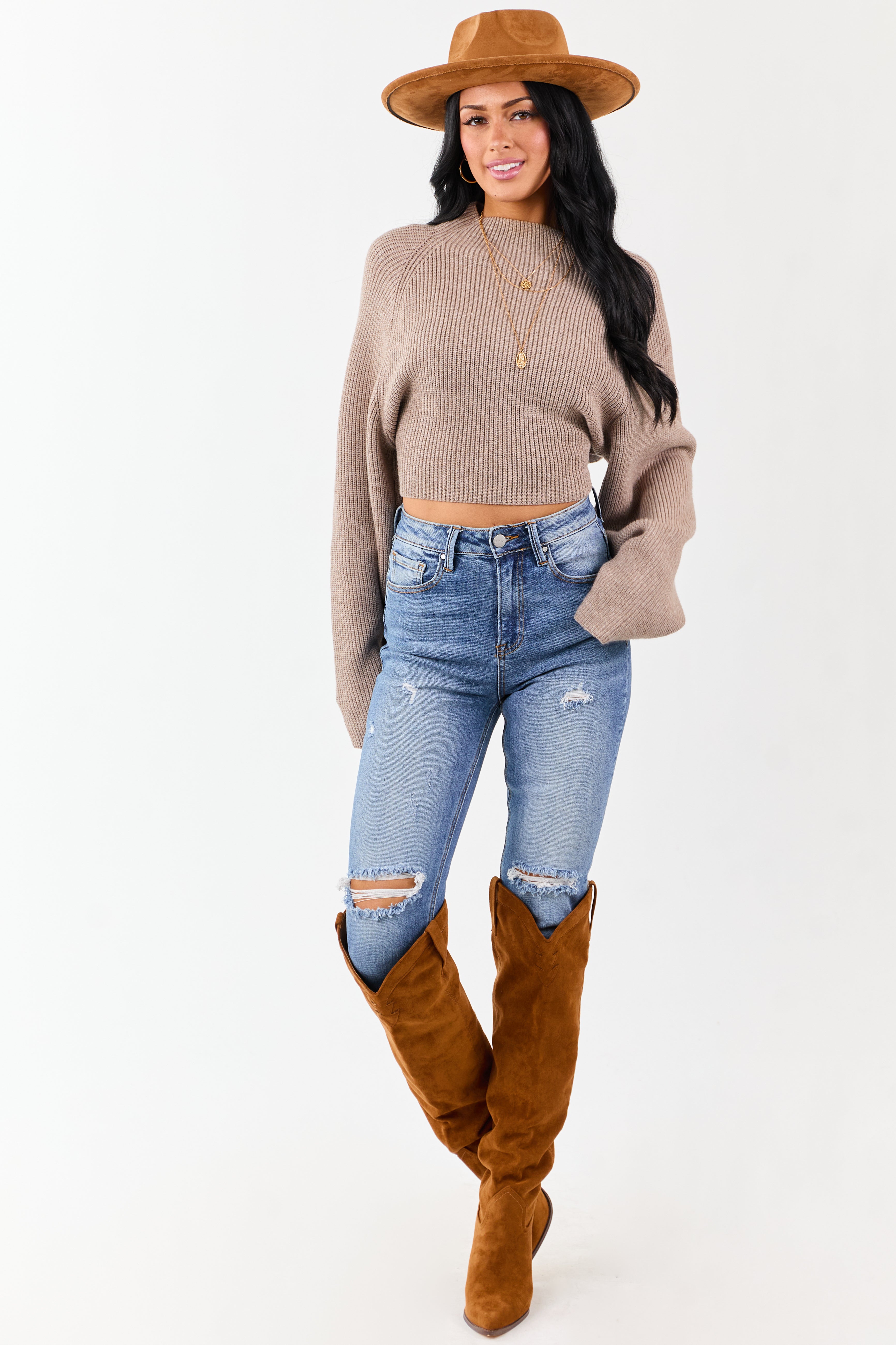 Latte Mock Neck Back Cut Out Ribbed Sweater