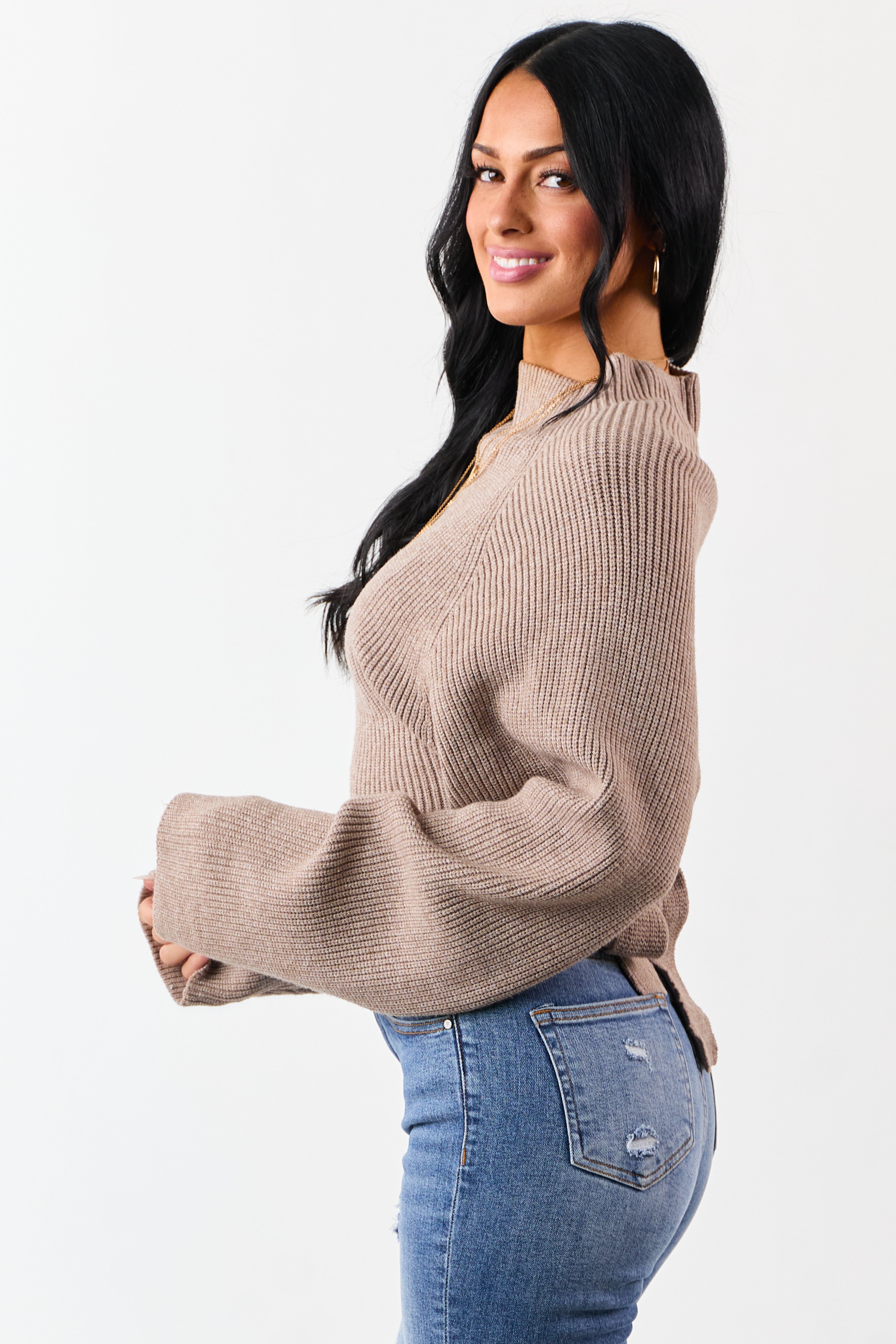 Latte Mock Neck Back Cut Out Ribbed Sweater